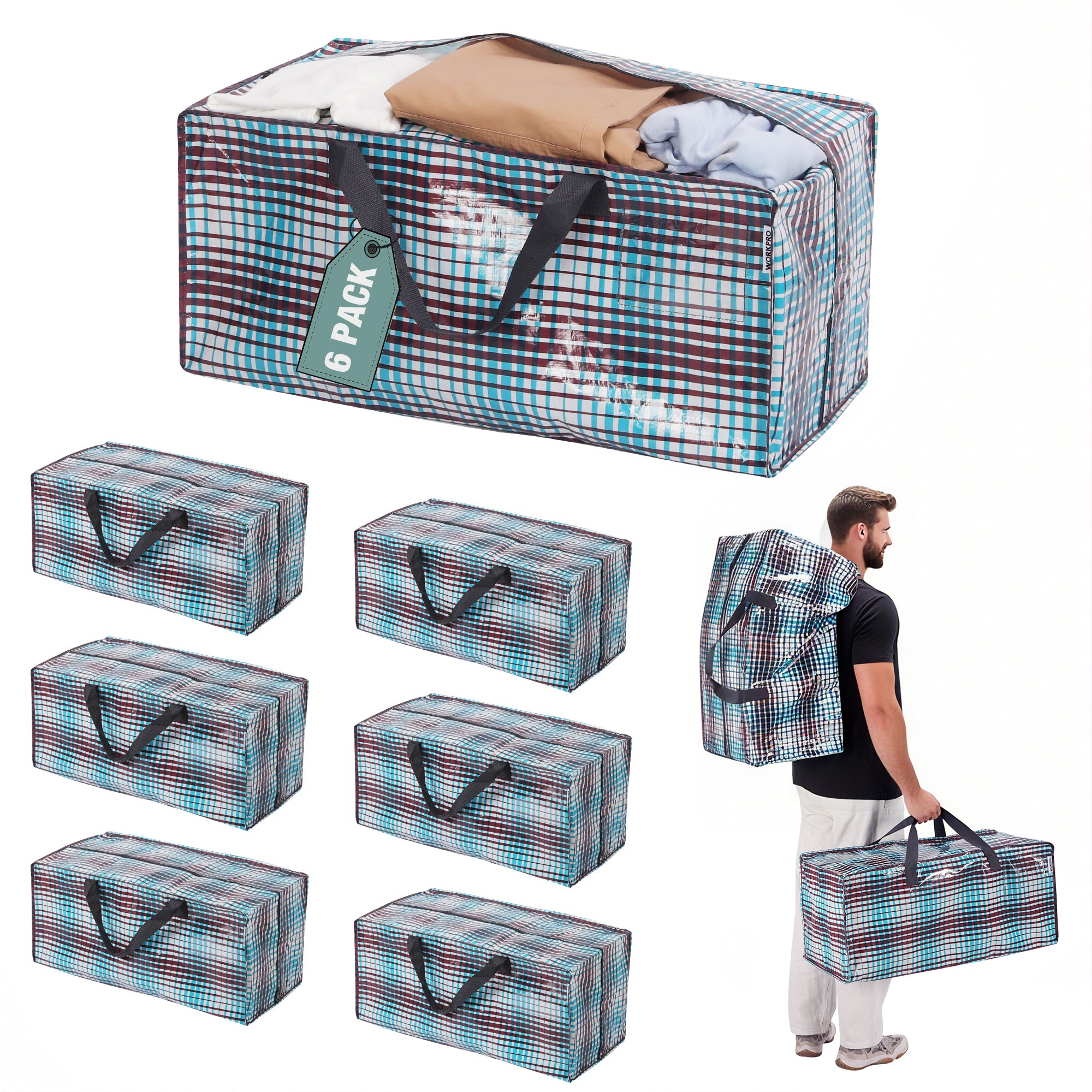 WORKPRO 6 Pack Extra Large Moving Bags with Zippers & Carrying Handles Backpack Straps, Heavy-Duty Storage Tote for Space Saving & Storage, Alternative to Moving Box (Lattice Printing)