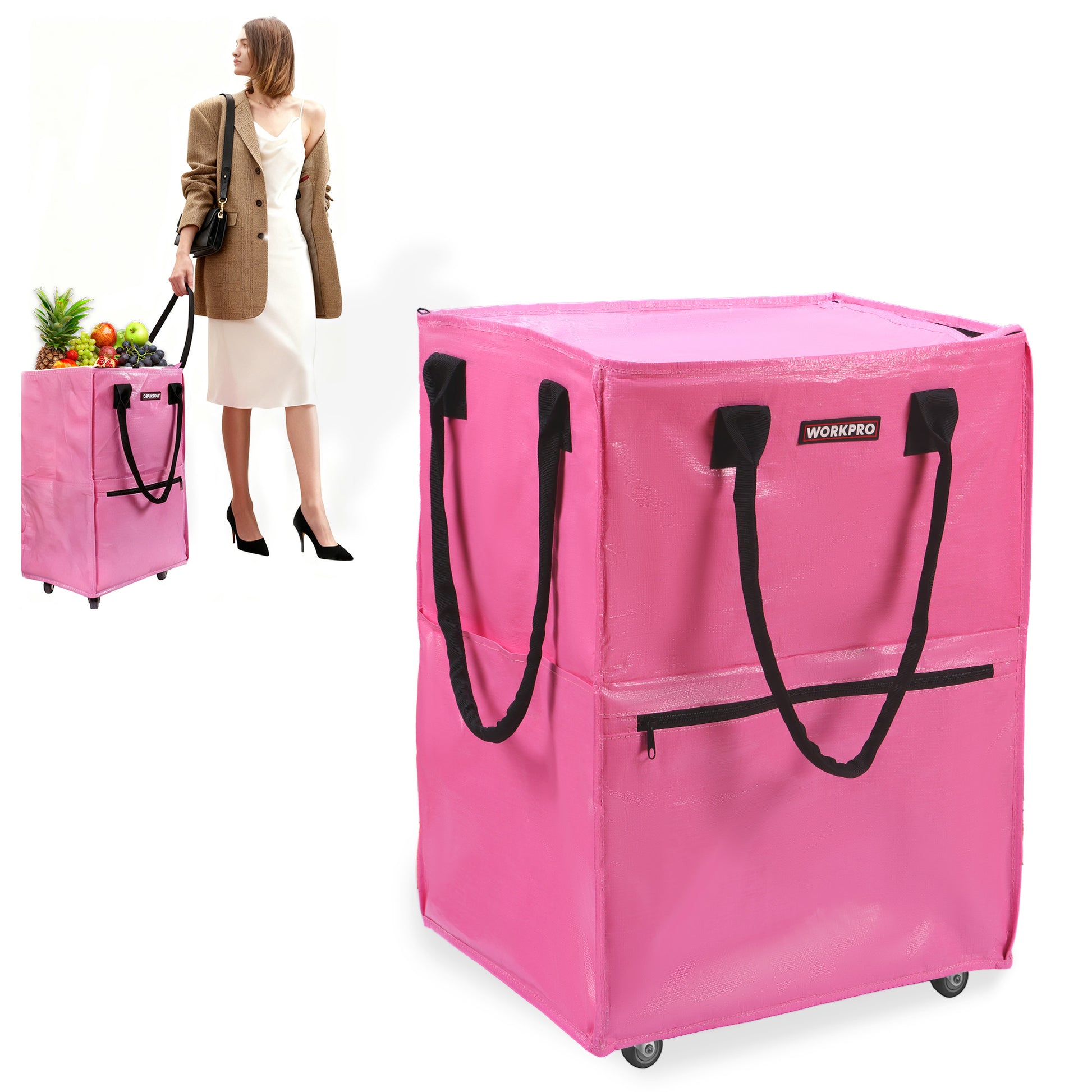 WORKPRO Large Rolling Grocery Bag in pink with 5 wheels, innovation, quality, durable, secure, convenient