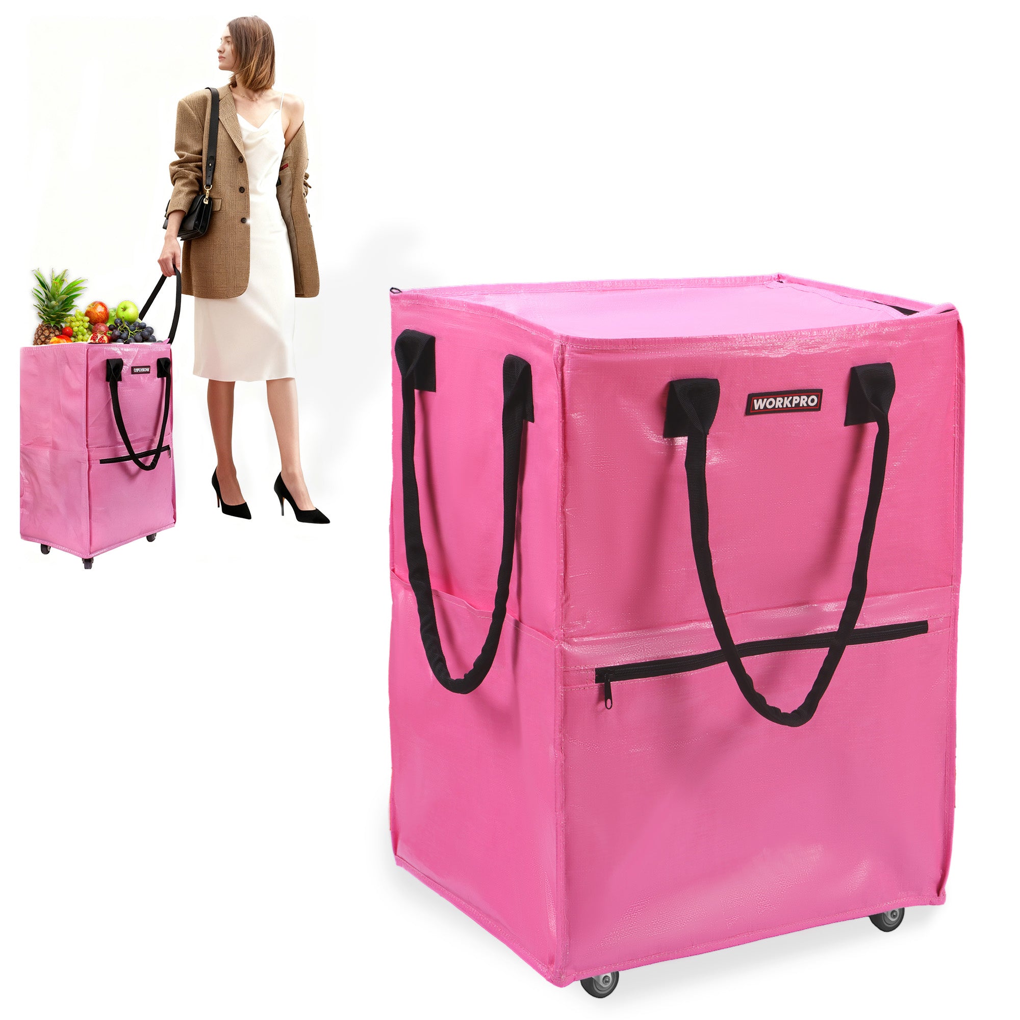 WORKPRO Large Rolling Grocery Bag in pink with 5 wheels, innovation, quality, durable, secure, convenient