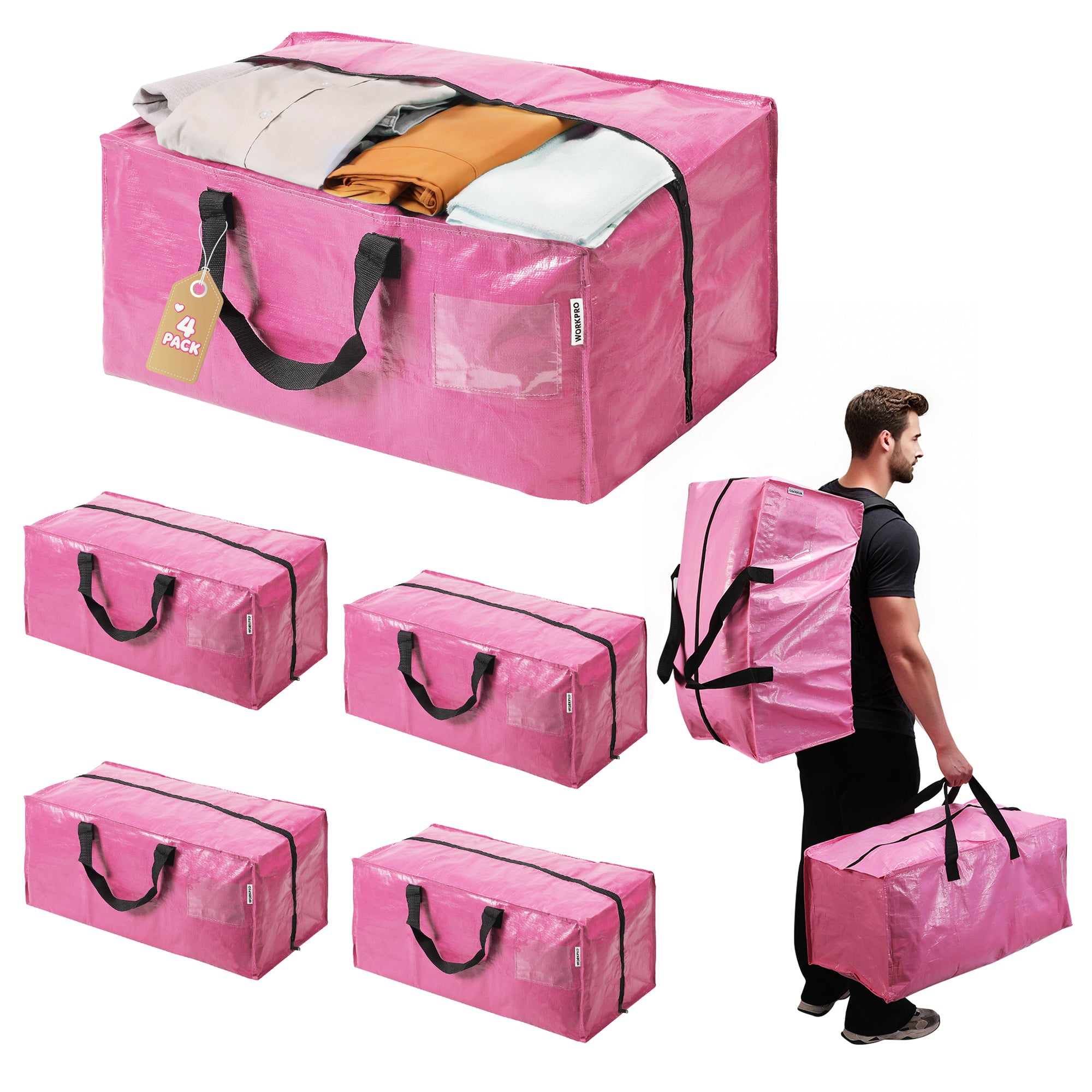 WORKPRO 4 Pack Extra Large Moving Bags with Zippers & Carrying Handles Backpack Straps, Heavy-Duty Storage Tote for Space Saving Moving Storage (Pink)