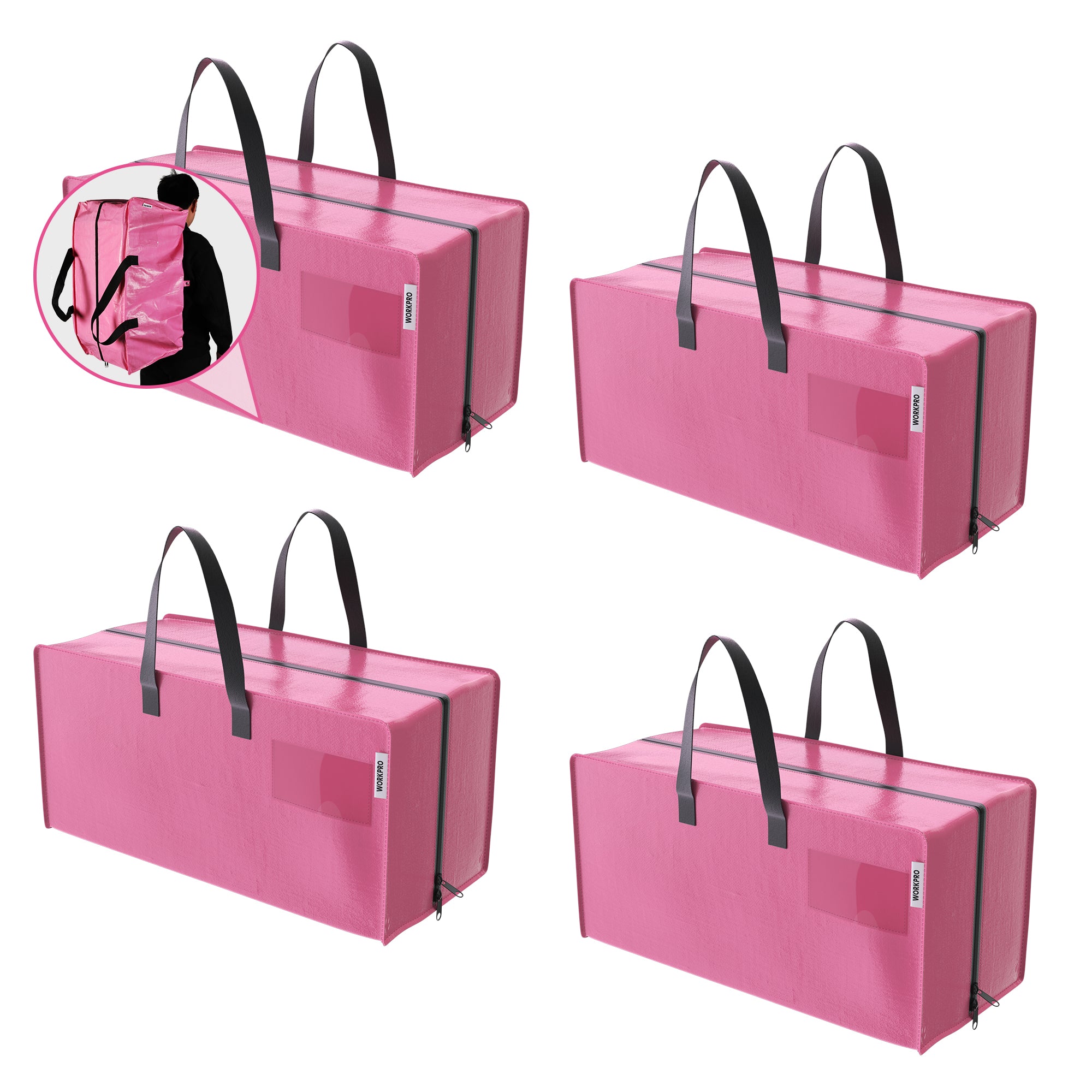 WORKPRO 4 Pack Extra Large Moving Bags with Zippers & Carrying Handles Backpack Straps, Heavy-Duty Storage Tote for Space Saving Moving Storage (Pink)