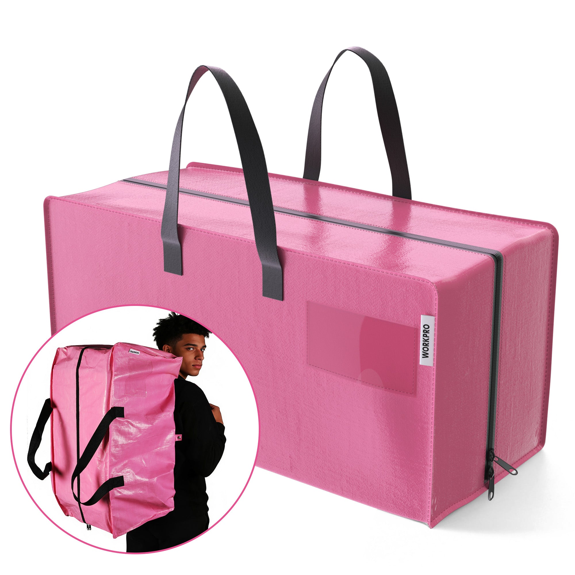 WORKPRO 1 Pack Extra Large Moving Bags with Zippers & Carrying Handles Backpack Straps, Heavy-Duty Storage Tote for Space Saving Moving Storage (Pink)