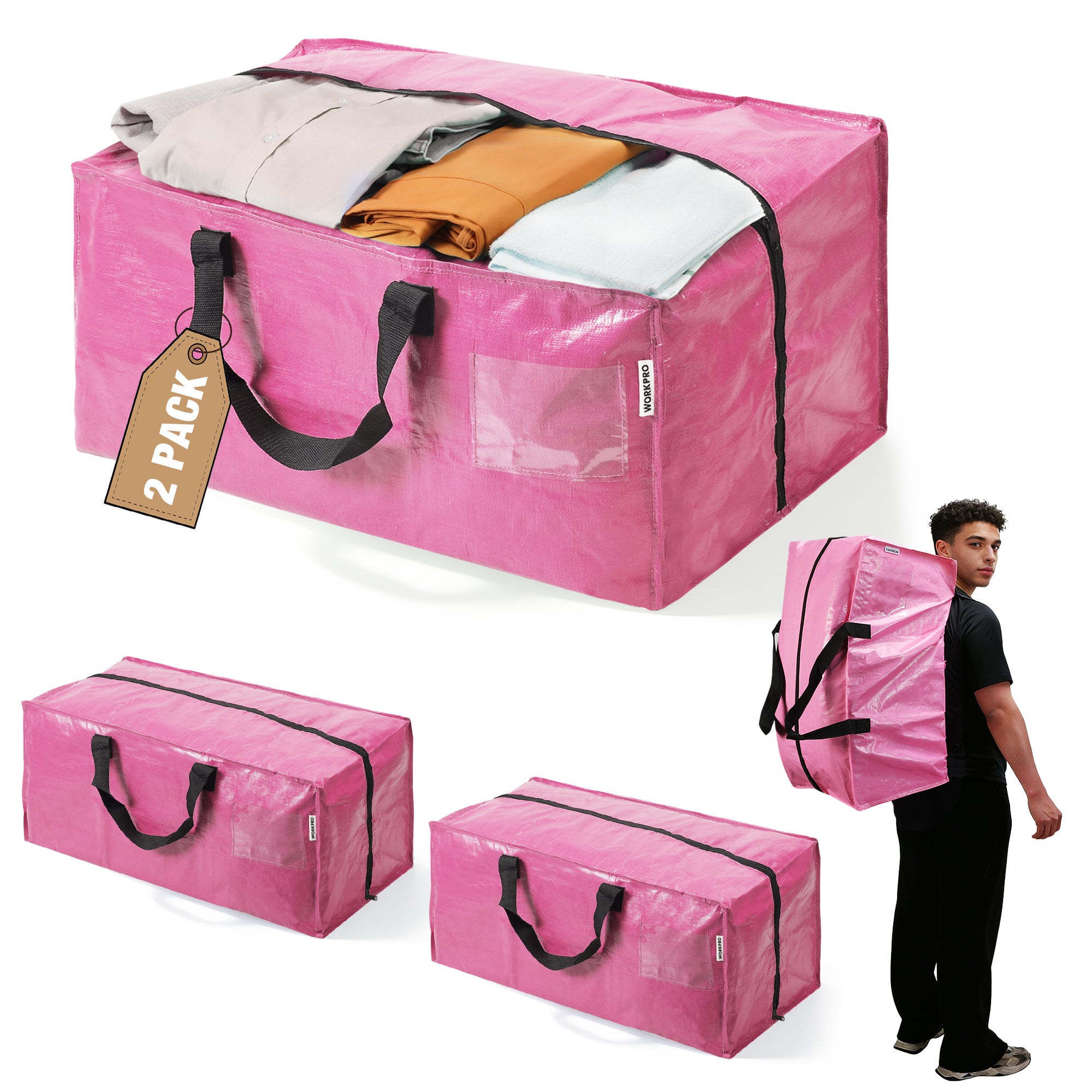 WORKPRO 2 Pack Extra Large Moving Bags with Zippers & Carrying Handles Backpack Straps, Heavy-Duty Storage Tote for Space Saving Moving Storage (Pink)
