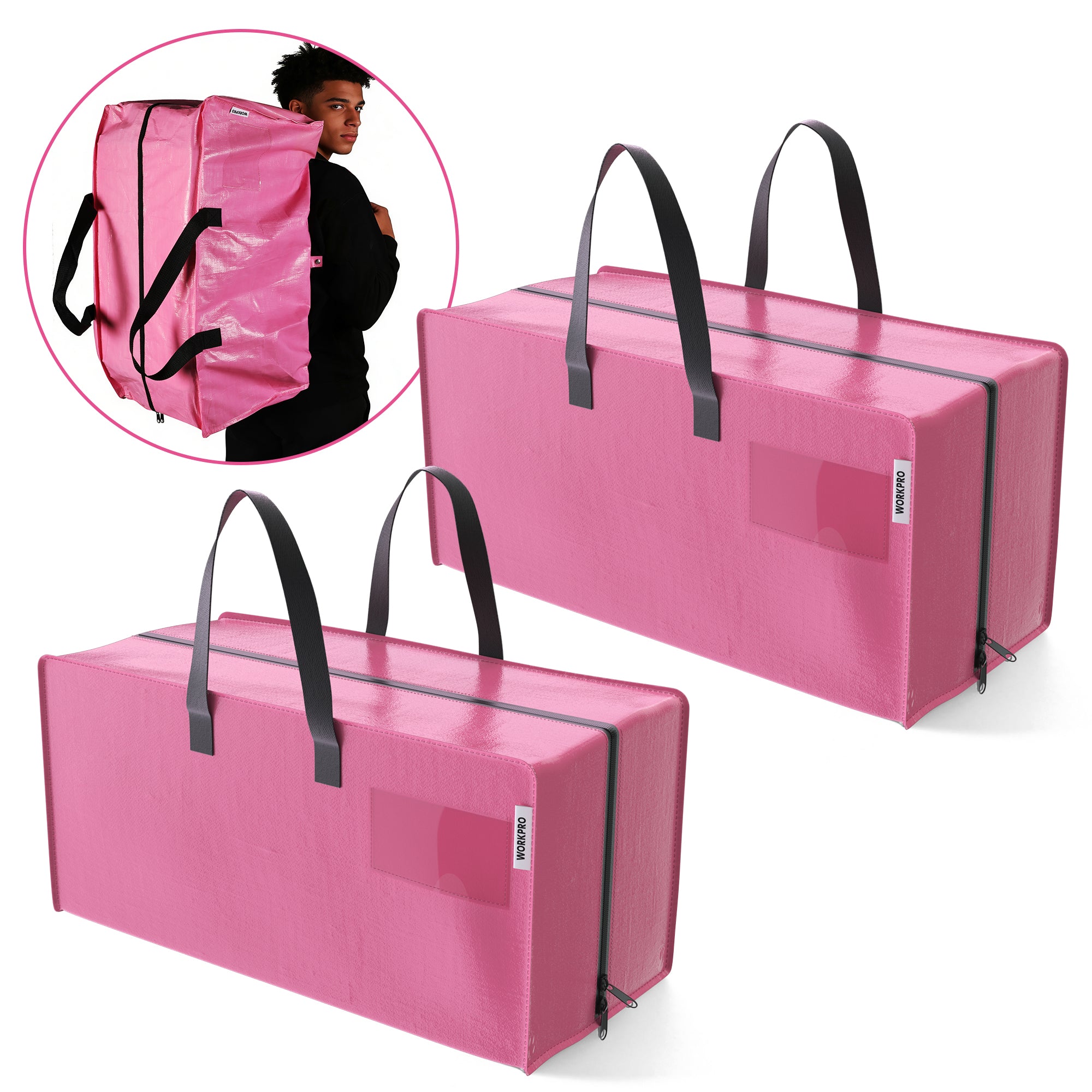 WORKPRO 2 Pack Extra Large Moving Bags with Zippers & Carrying Handles Backpack Straps, Heavy-Duty Storage Tote for Space Saving Moving Storage (Pink)