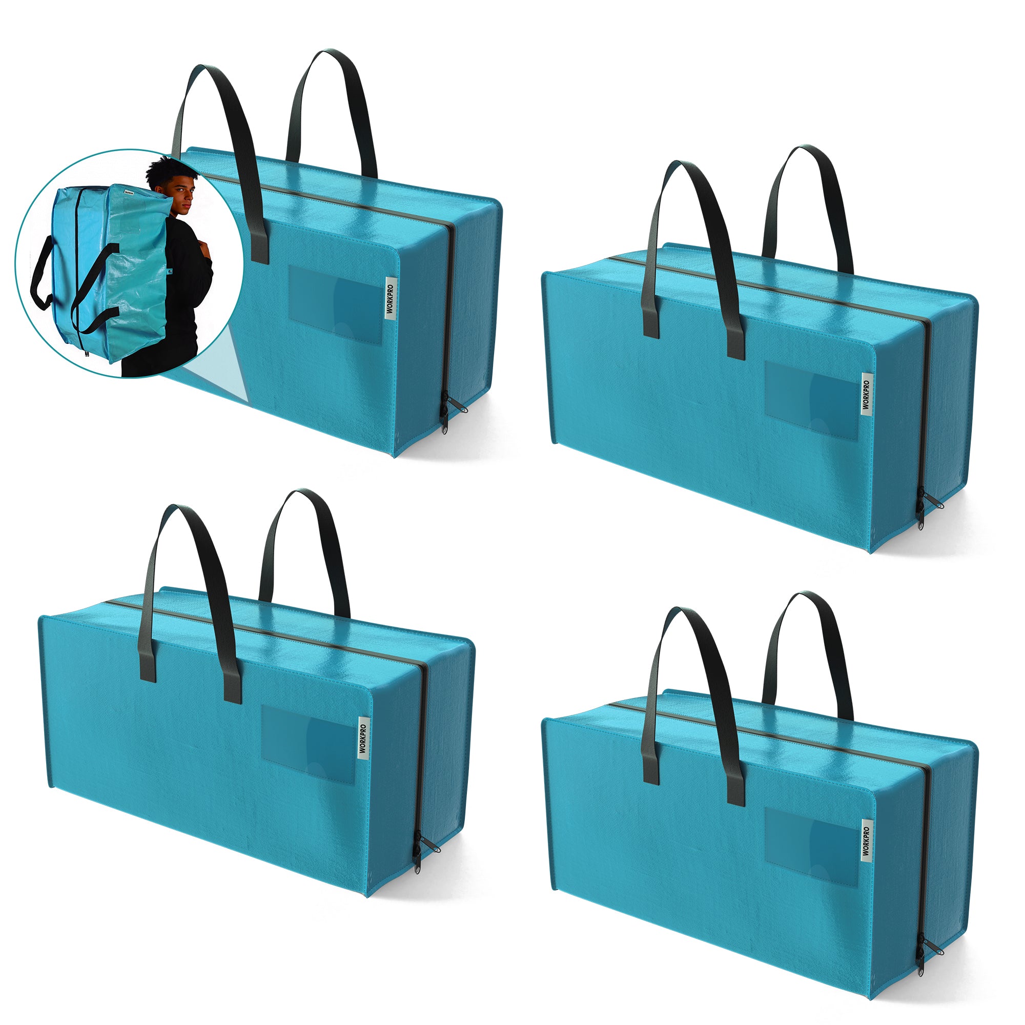 WORKPRO 4 Pack Extra Large Moving Bags with Zippers & Carrying Handles Backpack Straps, Heavy-Duty Storage Tote for Space Saving Moving Storage (Blue)