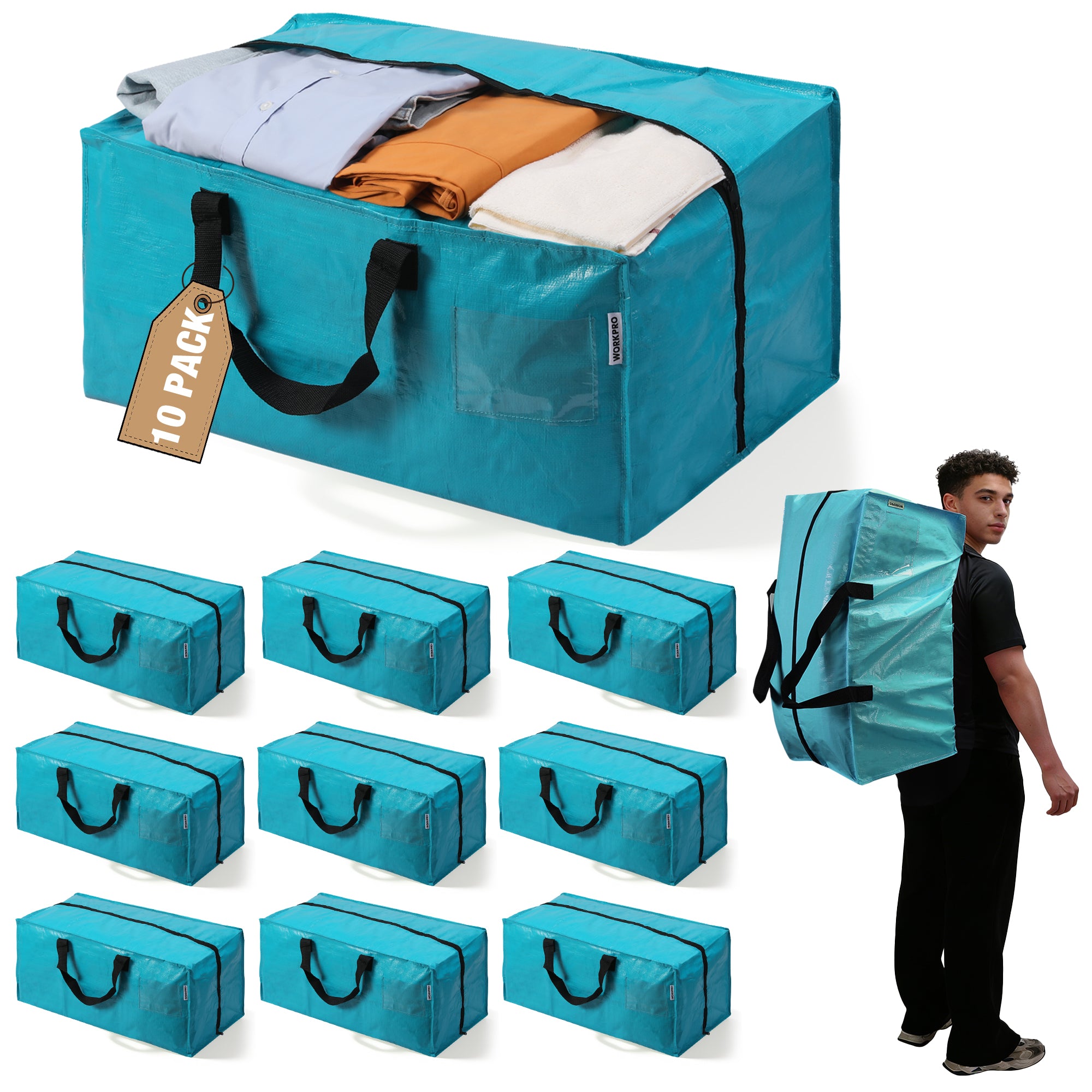 WORKPRO 10 Pack Extra Large Moving Bags with Zippers & Carrying Handles Backpack Straps, Heavy-Duty Storage Tote for Space Saving Moving Storage (Blue)