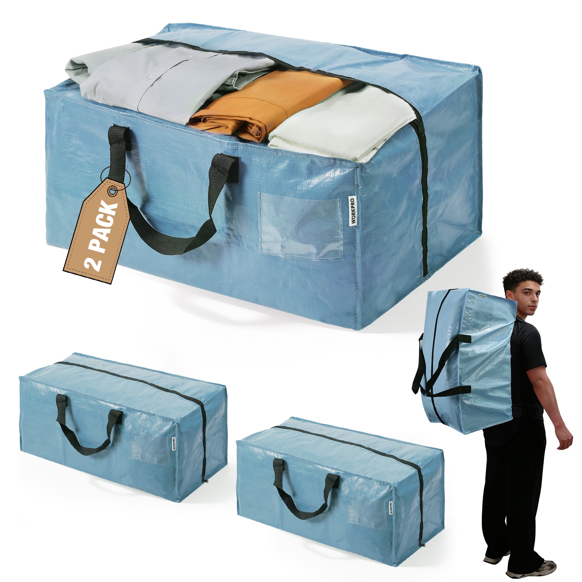 WORKPRO 2 Pack Extra Large Moving Bags in dusty blue with innovation quality and secure zipper closure