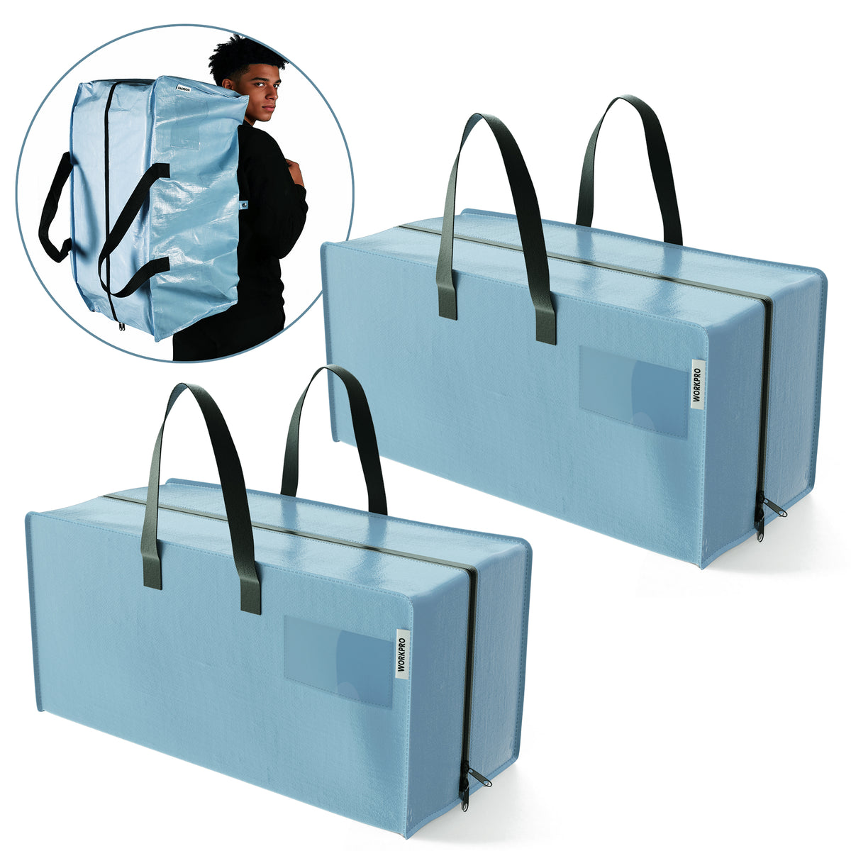 WORKPRO 2 Pack Extra Large Moving Bags in dusty blue with innovation quality and secure zip closure