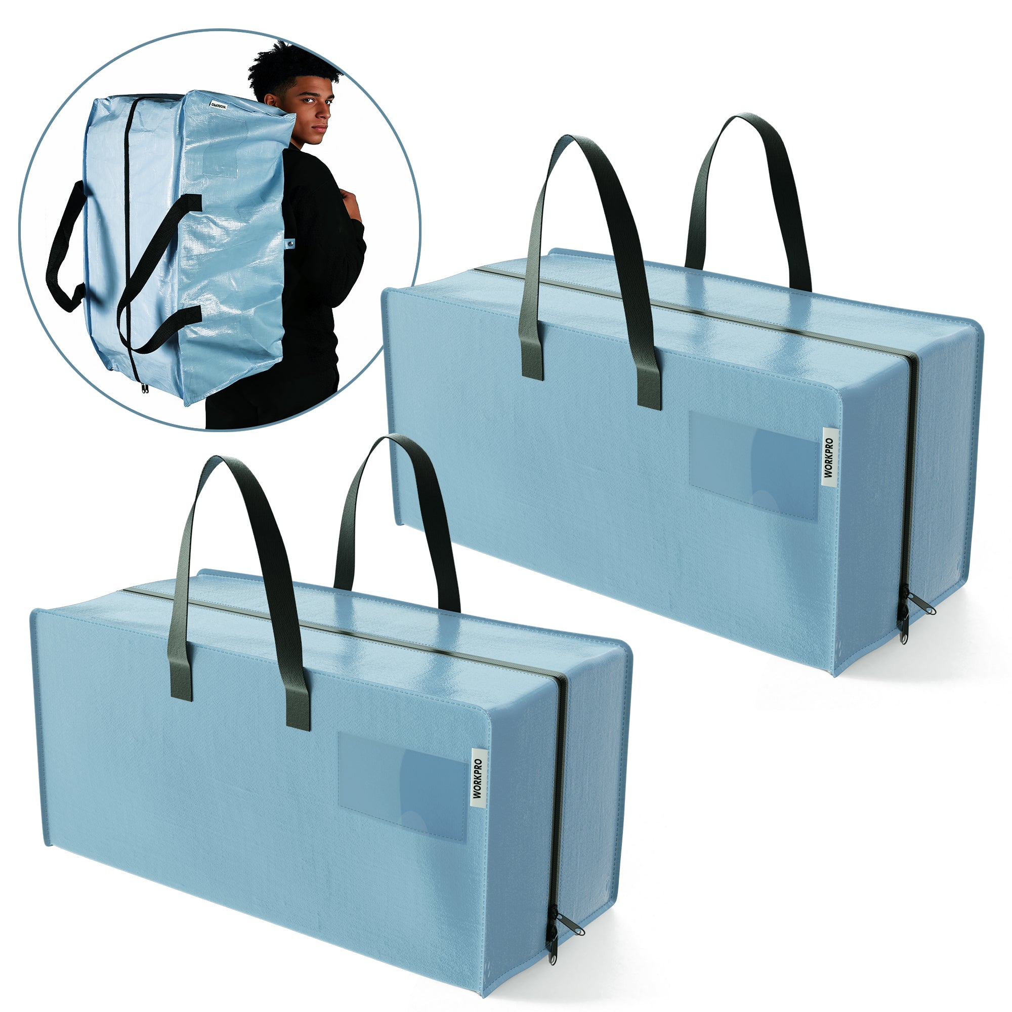 WORKPRO 2 Pack Extra Large Moving Bags in dusty blue with innovation quality and secure zip closure