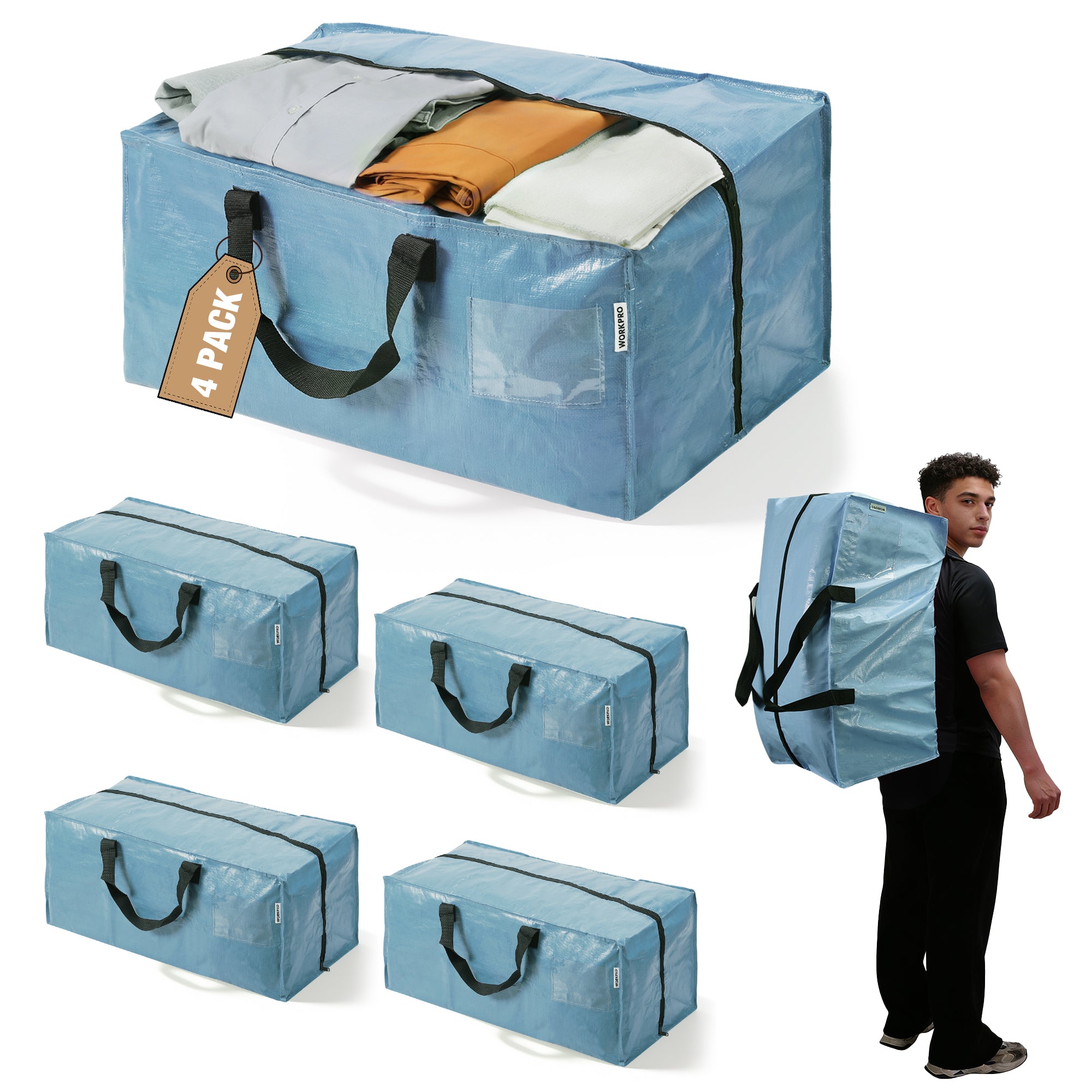 WORKPRO 4 Pack Extra Large Moving Bags with Zippers & Carrying Handles Backpack Straps, Heavy-Duty Storage Tote for Space Saving & Storage, Alternative to Moving Box (Dusty Blue)