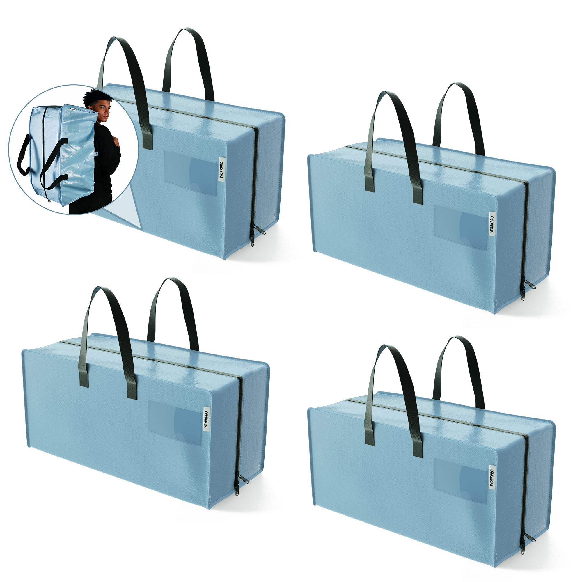 WORKPRO 4 Pack Extra Large Moving Bags with Zippers & Carrying Handles Backpack Straps, Heavy-Duty Storage Tote for Space Saving & Storage, Alternative to Moving Box (Dusty Blue)