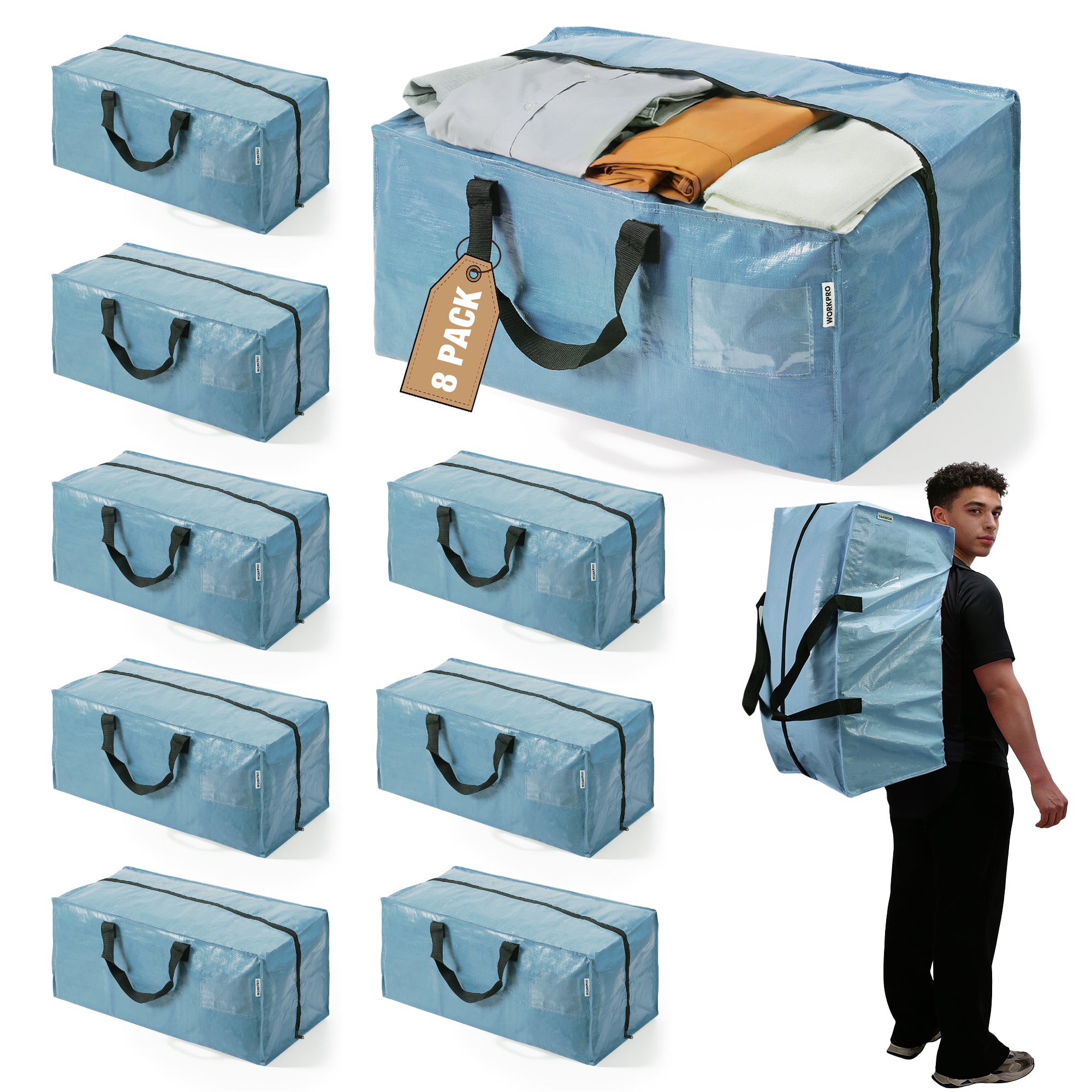 WORKPRO 8 Pack Extra Large Moving Bags with Zippers & Carrying Handles Backpack Straps, Heavy-Duty Storage Tote for Space Saving & Storage, Alternative to Moving Box (Dusty Blue)