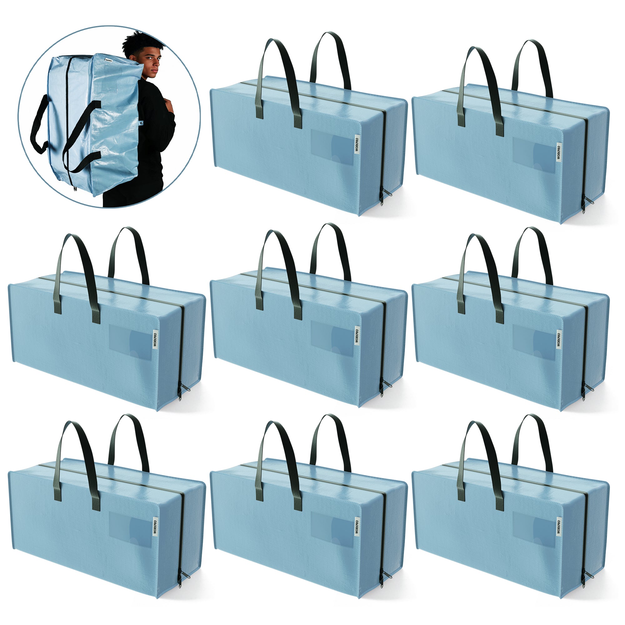 WORKPRO 8 Pack Extra Large Moving Bags with Zippers & Carrying Handles Backpack Straps, Heavy-Duty Storage Tote for Space Saving & Storage, Alternative to Moving Box (Dusty Blue)