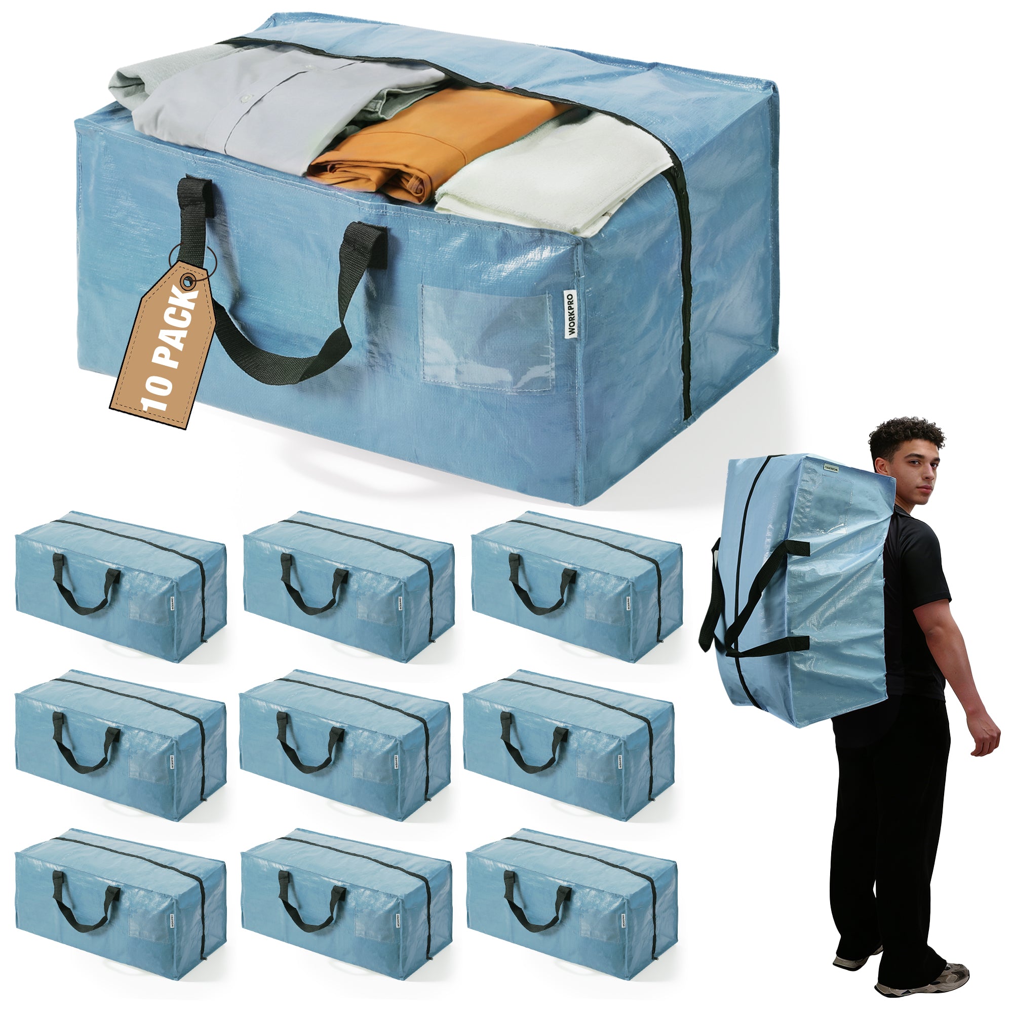 WORKPRO 10 Pack Extra Large Moving Bags with Zippers & Carrying Handles Backpack Straps, Heavy-Duty Storage Tote for Space Saving & Storage, Alternative to Moving Box (Dusty Blue)