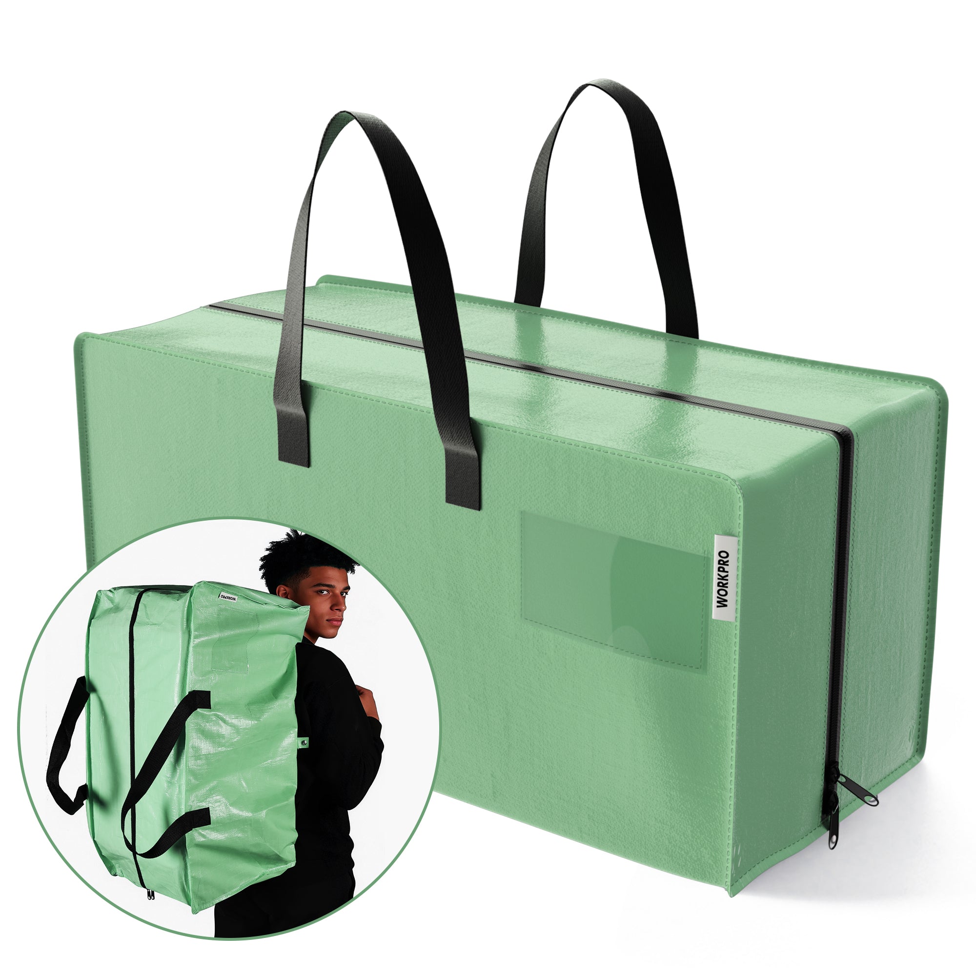 WORKPRO 1 Pack Extra Large Moving Bags with Zippers & Carrying Handles Backpack Straps, Heavy-Duty Storage Tote for Space Saving & Storage, Alternative to Moving Box (Green)