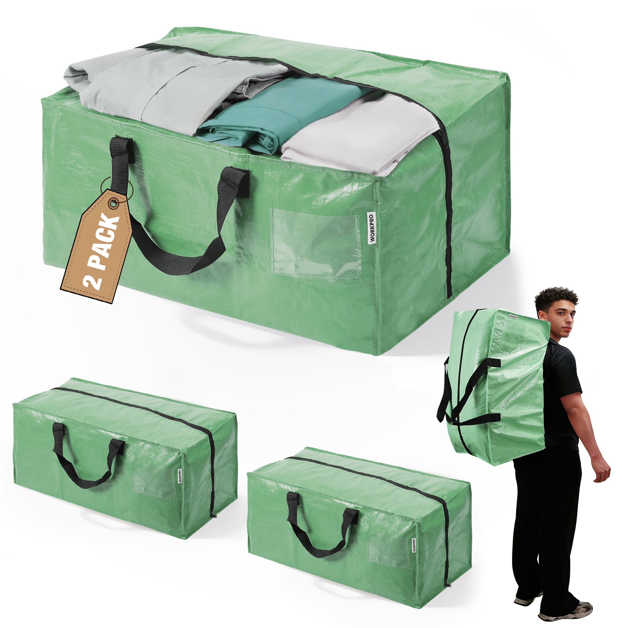 WORKPRO 2 pack extra large moving bags in green with innovation quality high-quality secure zipper closure