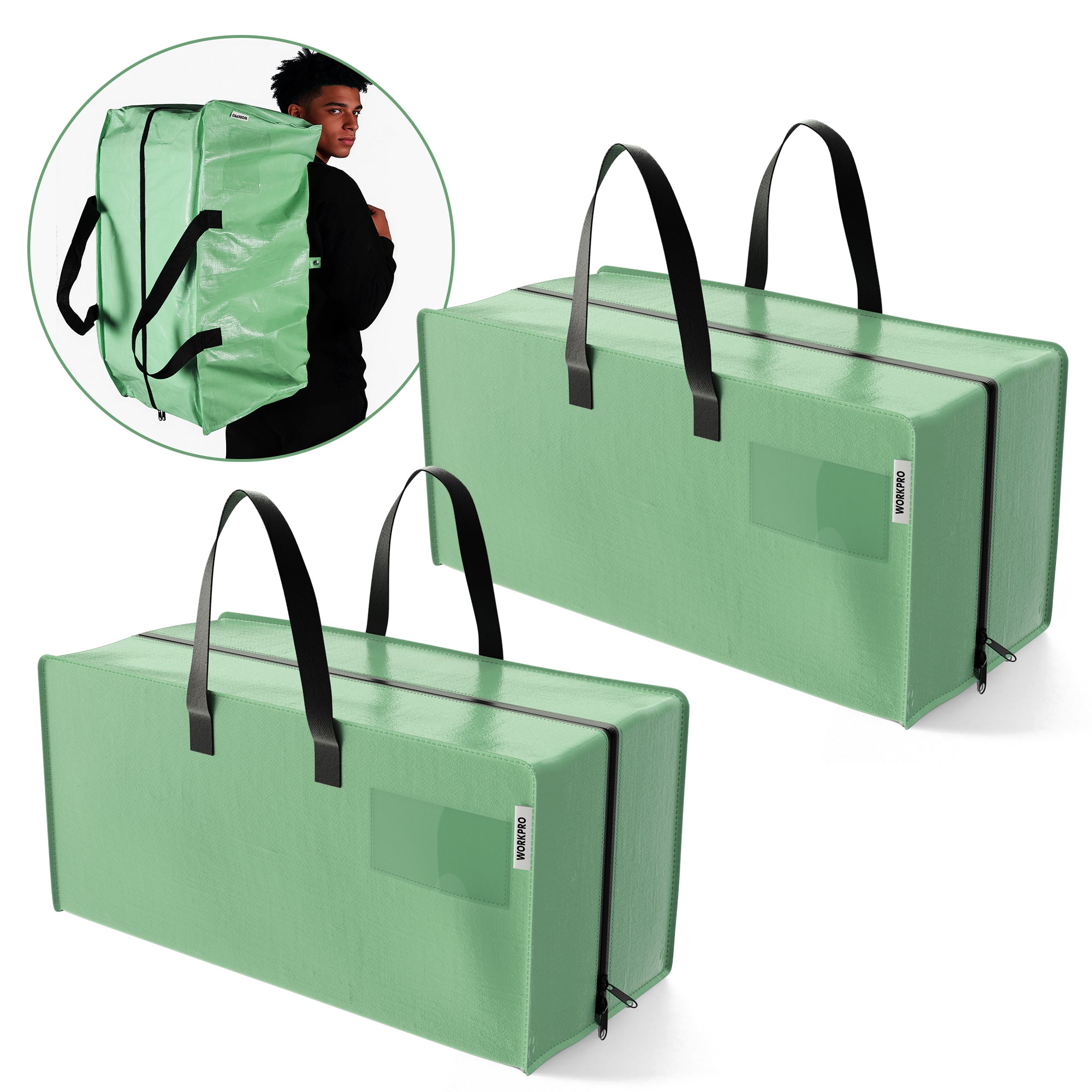 WORKPRO 2 pack extra large moving bags in green with zippers and carry handles, innovation quality durable