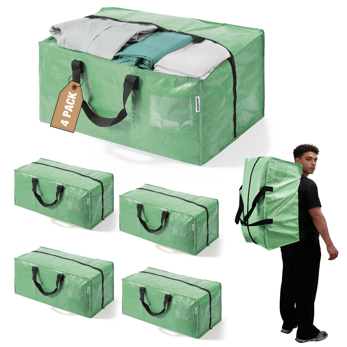 WORKPRO 4 Pack extra large moving bags in green with zippers and carry handles, innovation quality secure