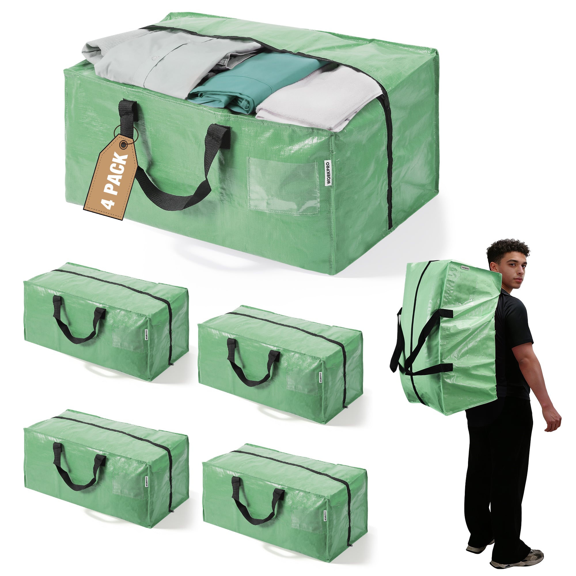 WORKPRO 4 Pack Extra Large Moving Bags with Zippers & Carrying Handles Backpack Straps, Heavy-Duty Storage Tote for Space Saving & Storage, Alternative to Moving Box (Green)