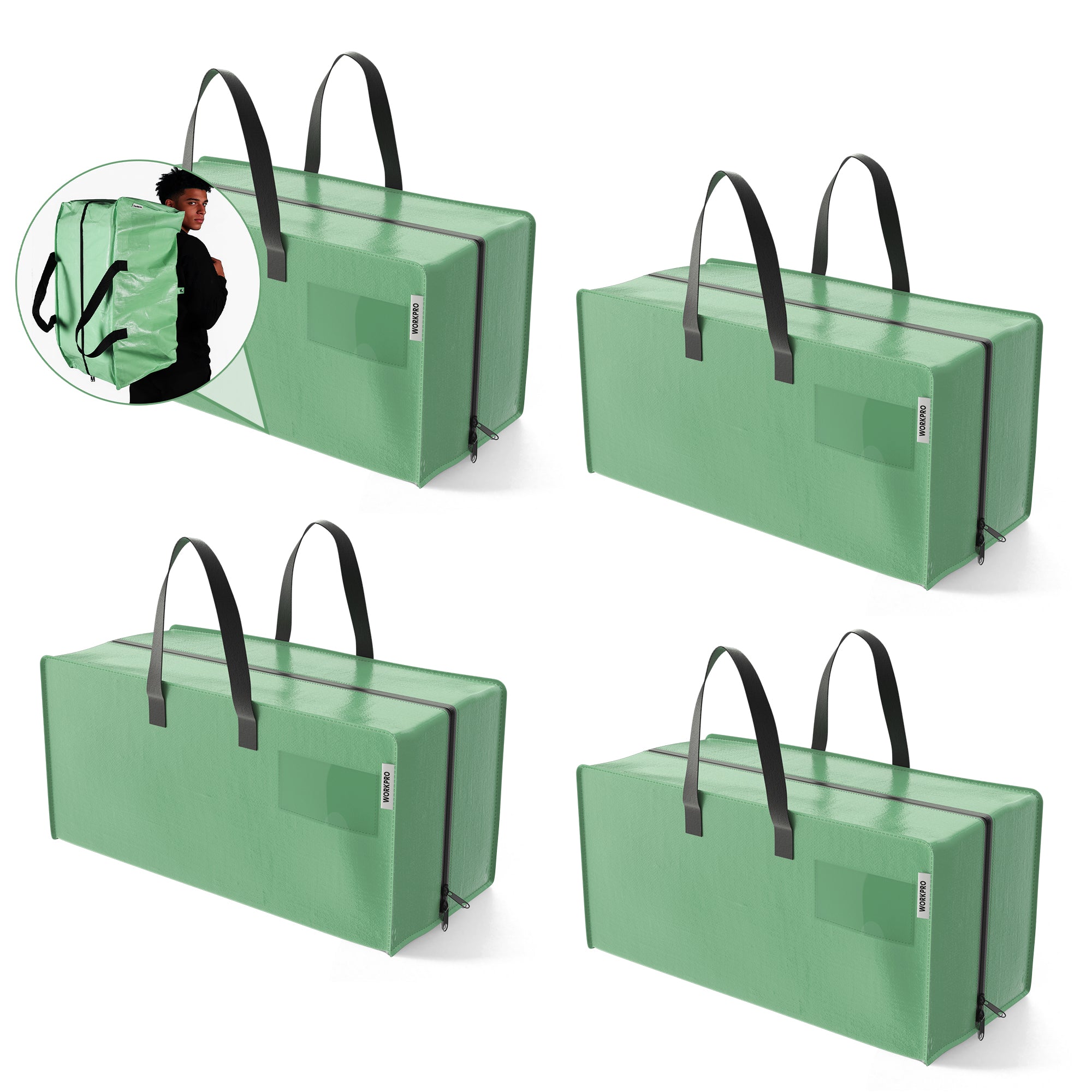 WORKPRO 4 Pack Extra Large Moving Bags with Zippers & Carrying Handles Backpack Straps, Heavy-Duty Storage Tote for Space Saving & Storage, Alternative to Moving Box (Green)