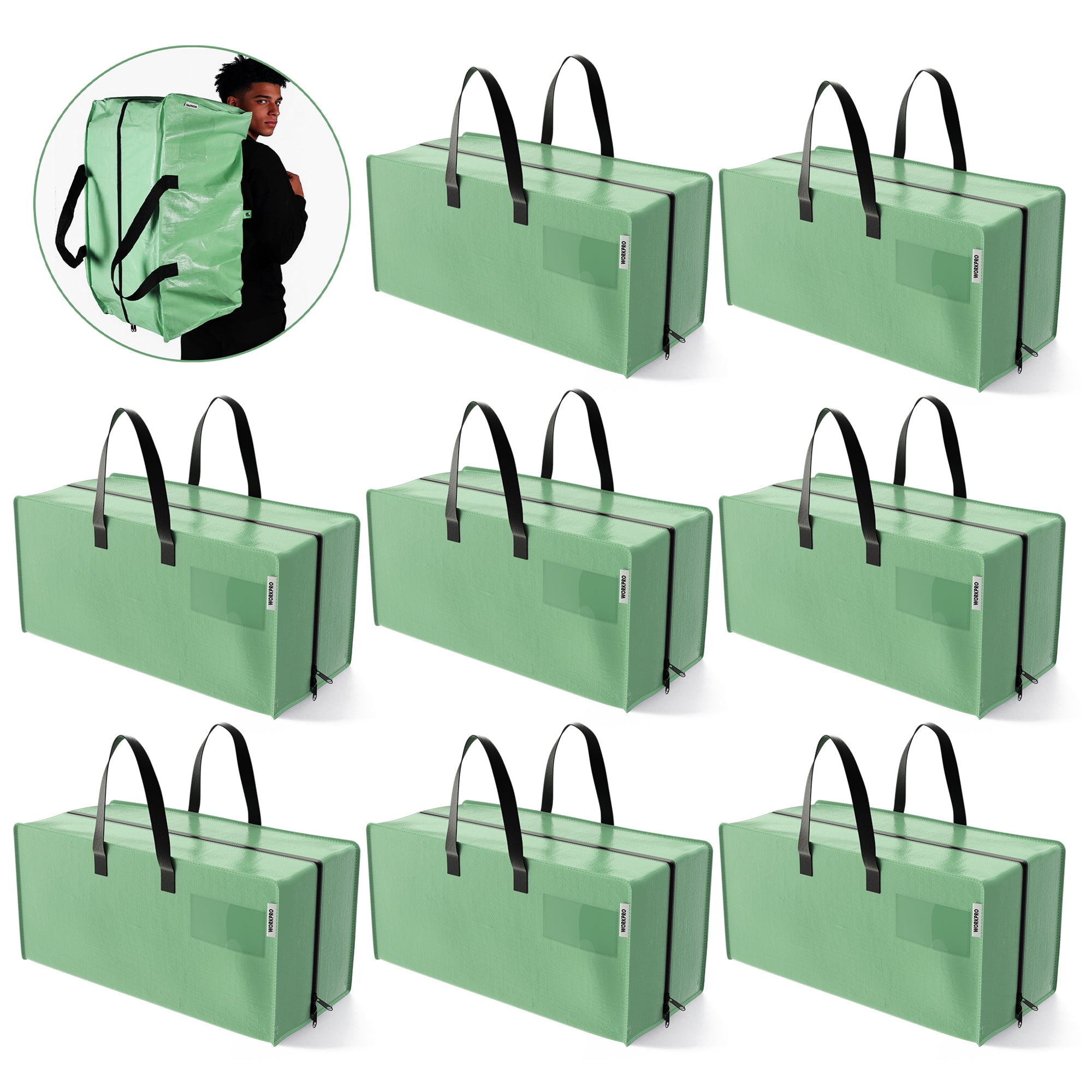 WORKPRO 8 Pack Extra Large Moving Bags with Zippers & Carrying Handles Backpack Straps, Heavy-Duty Storage Tote for Space Saving & Storage, Alternative to Moving Box (Green)