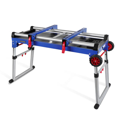 Blue folding work stand with metal rollers, adjustable supports, red wheels, and black rubber feet