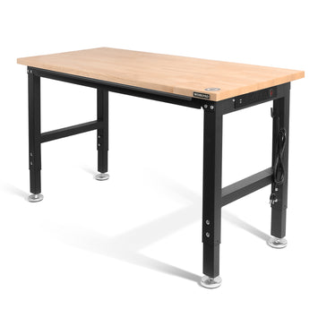 Adjustable hardwood workbench with black steel legs and leveling feet