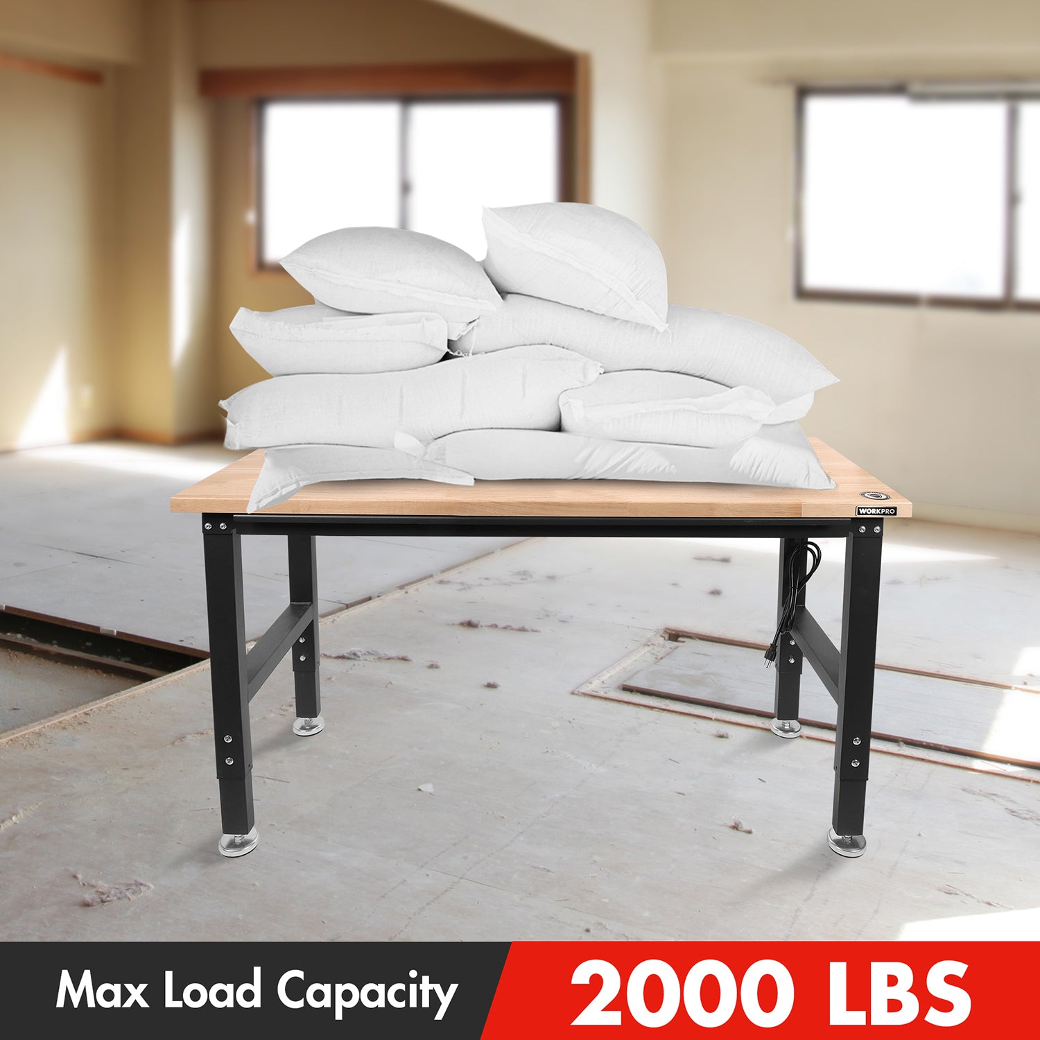 Adjustable workbench holding stacked sandbags on top
