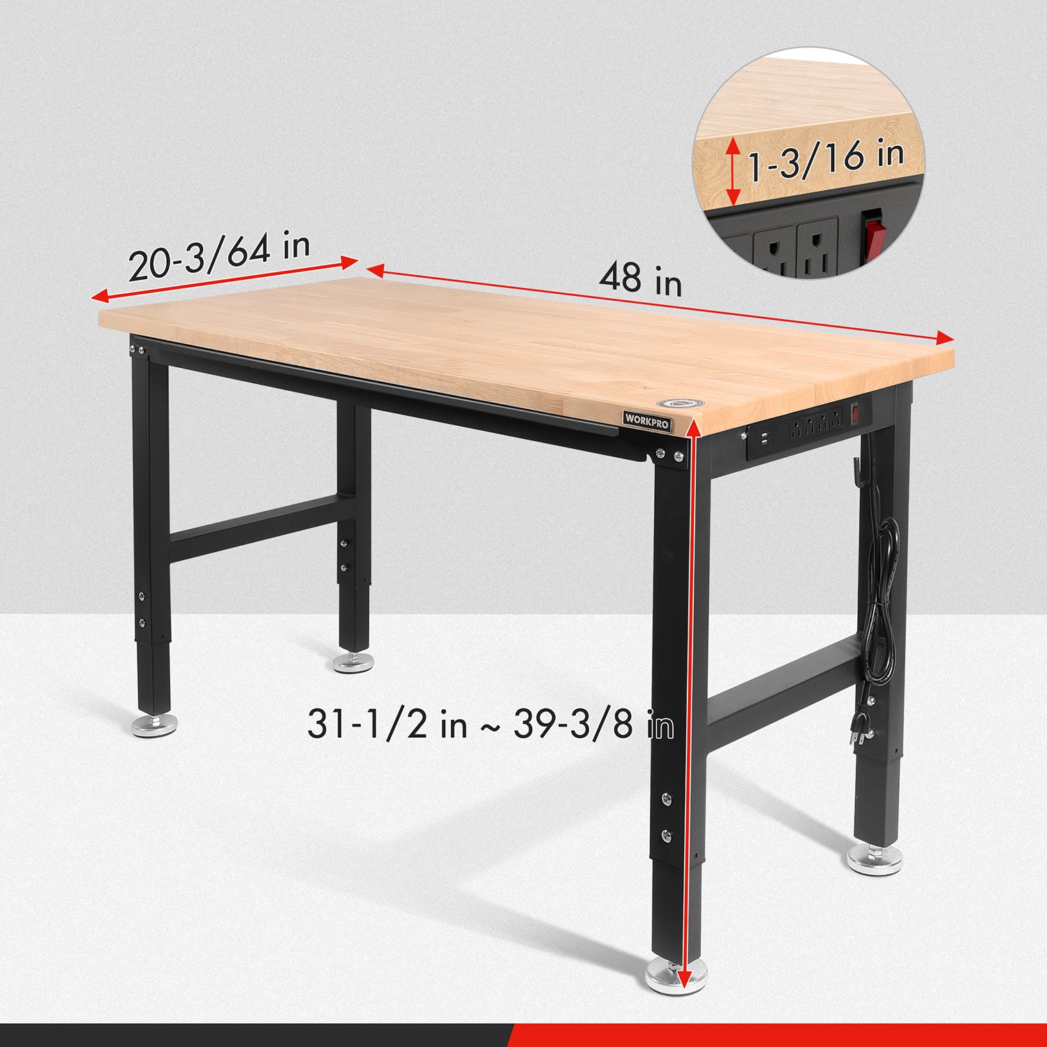Adjustable workbench with 48 in hardwood top, black frame, and power outlets