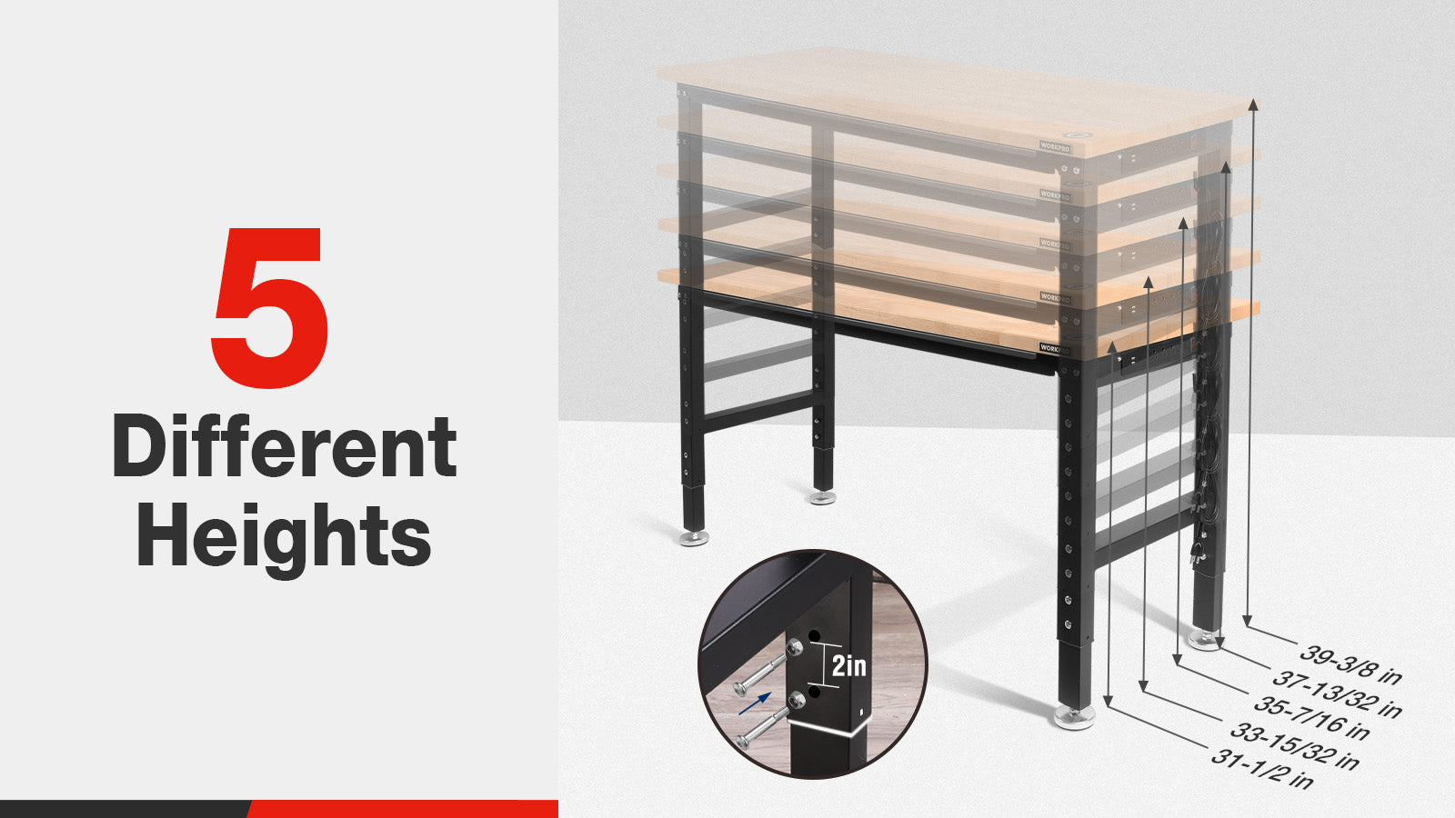 Work table with different heights shown by measurements, with innovation and quality indicated on the panel
