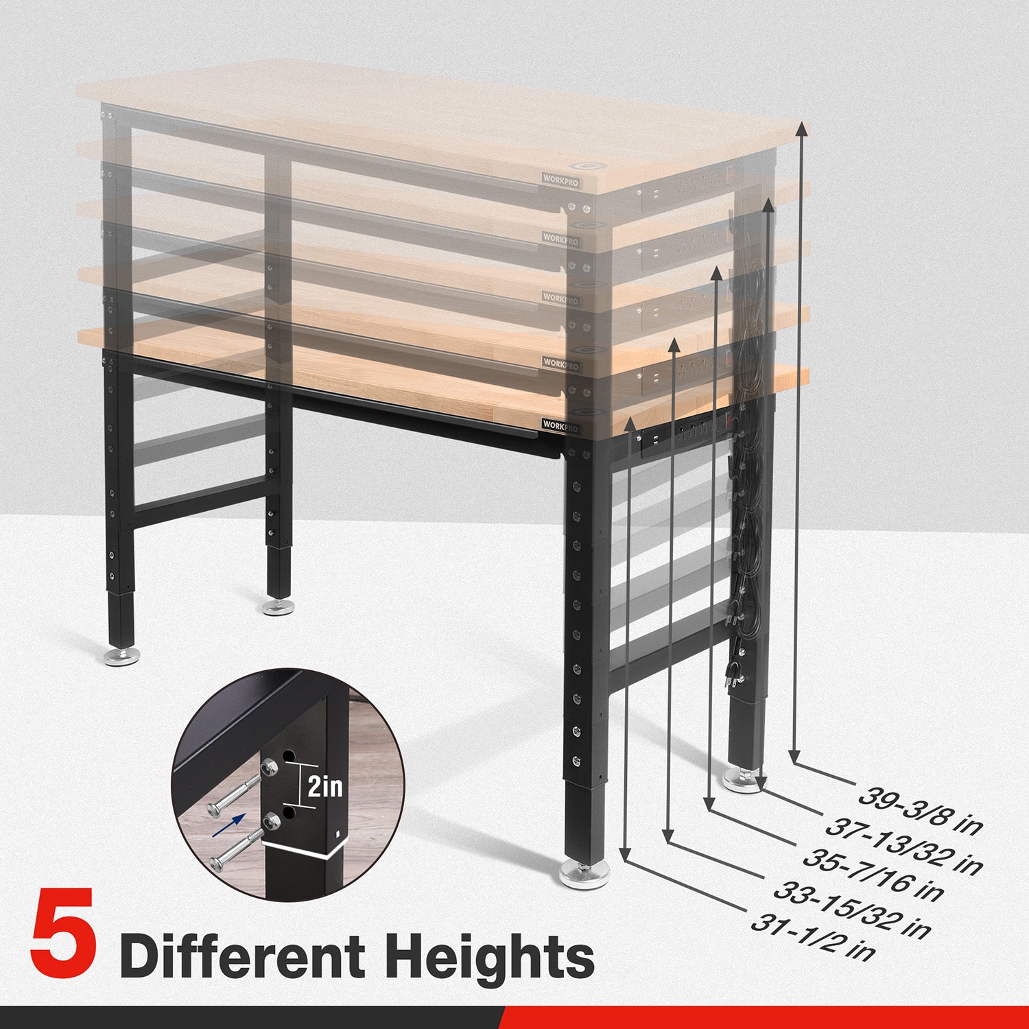Adjustable workbench with five height settings and lock mechanism