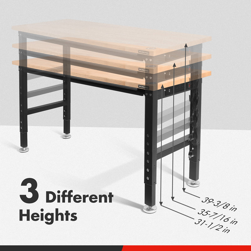 WORKPRO 48"/60" Adjustable Workbench 2000 LBS Load Capacity Hardwood Worktable with Power Outlets