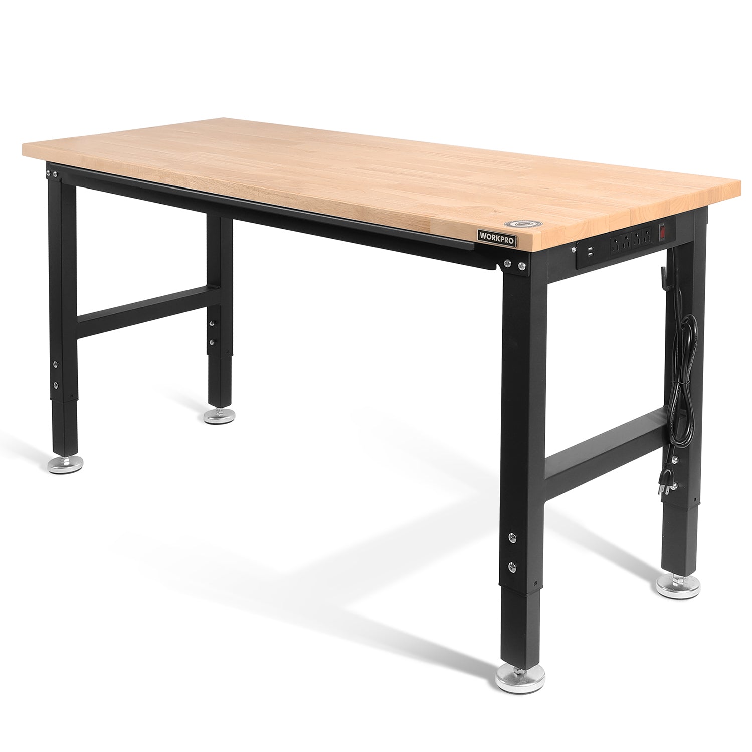Adjustable hardwood workbench with black metal frame and side power outlet panel