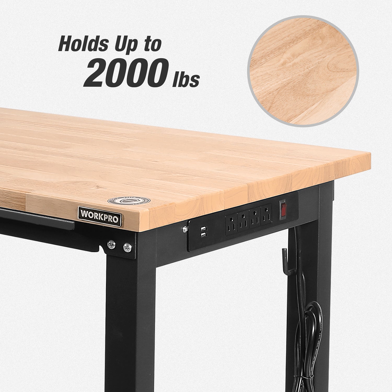 Adjustable hardwood workbench with power outlets and light wood tabletop