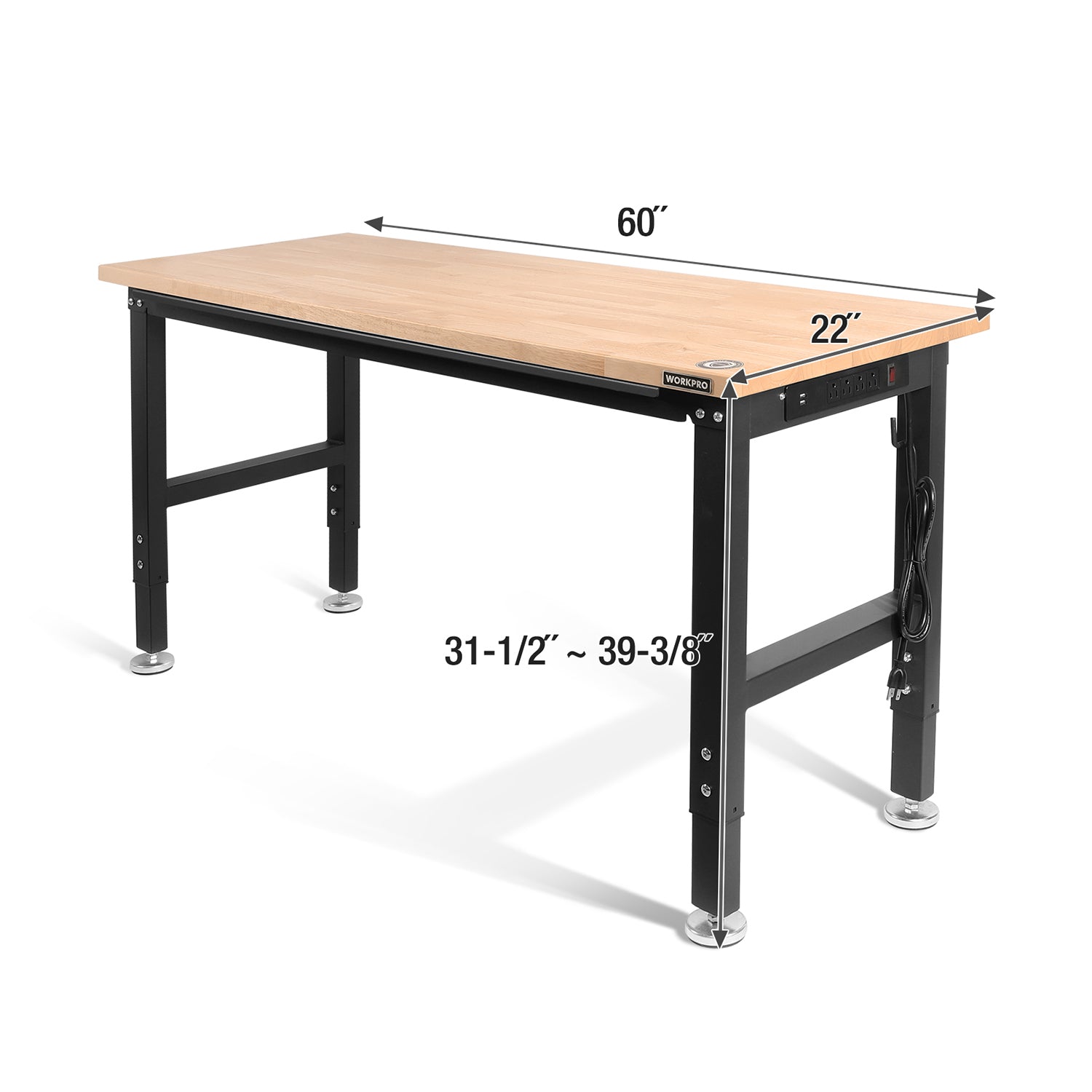 60 in adjustable workbench with hardwood top, black steel frame, side power outlets