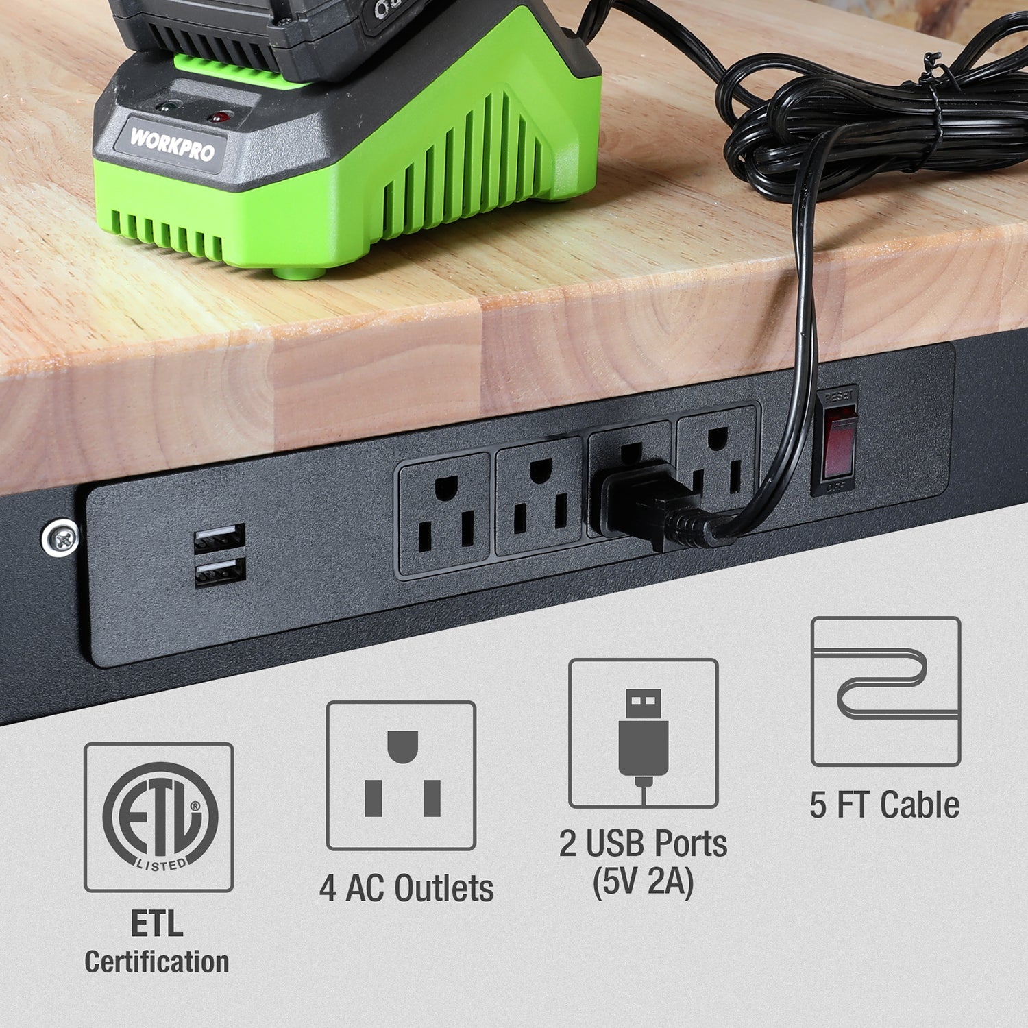 Workbench power panel with 4 AC outlets and 2 USB ports, 5 ft cable
