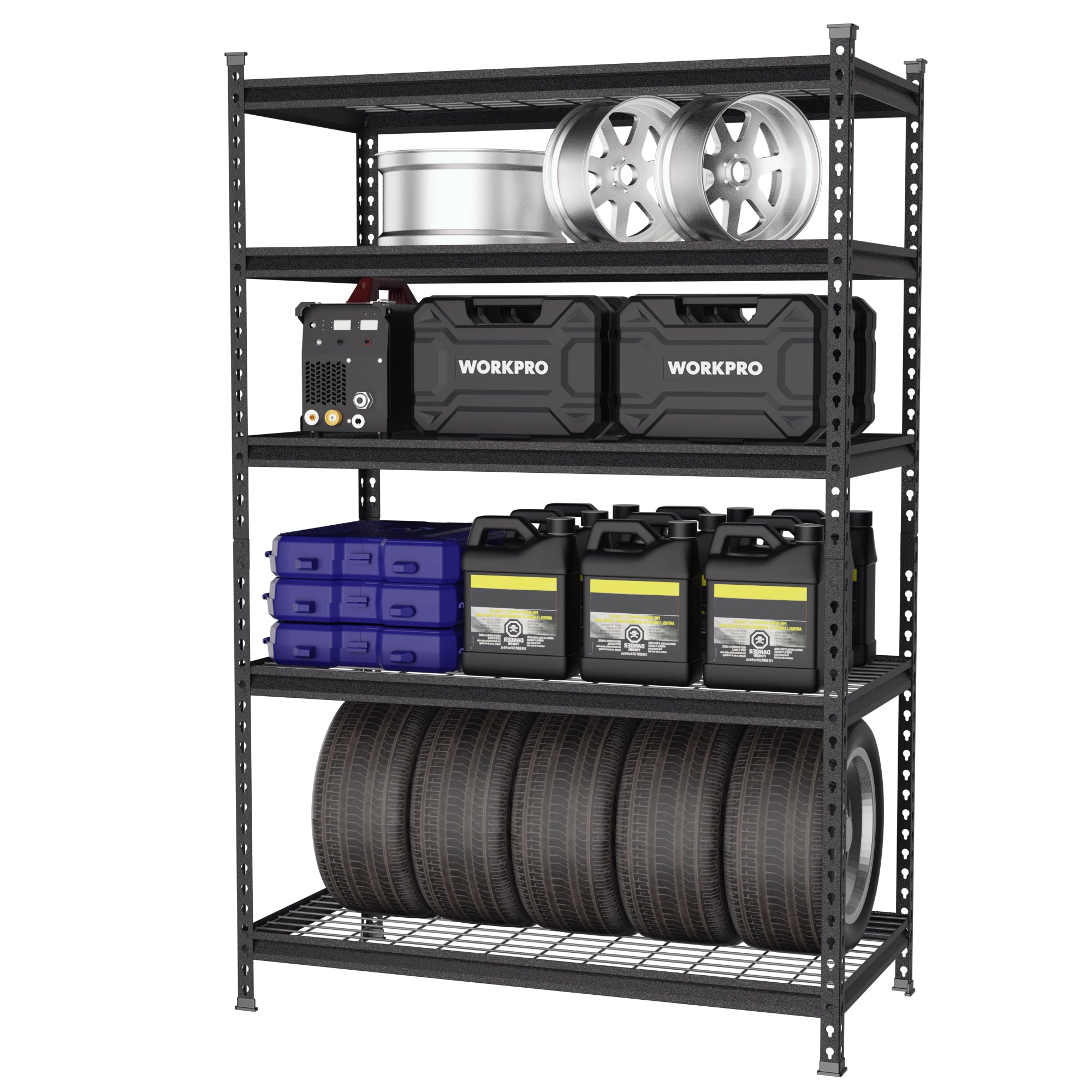 WorkPro 5-Tier Metal Storage Shelving Unit by WORKPRO, black metal frame with durable secure storage racks