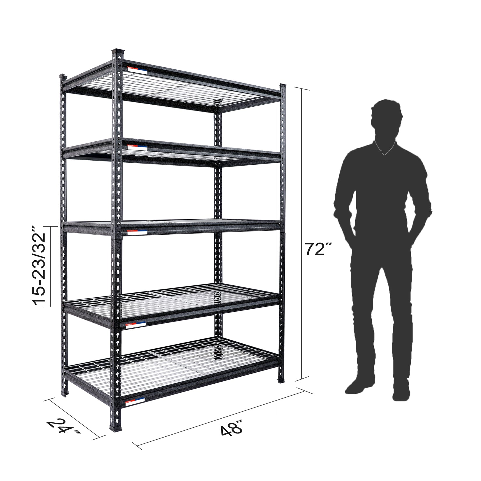 Black metal 5-tier storage shelving unit with wire mesh shelves and adjustable frame height