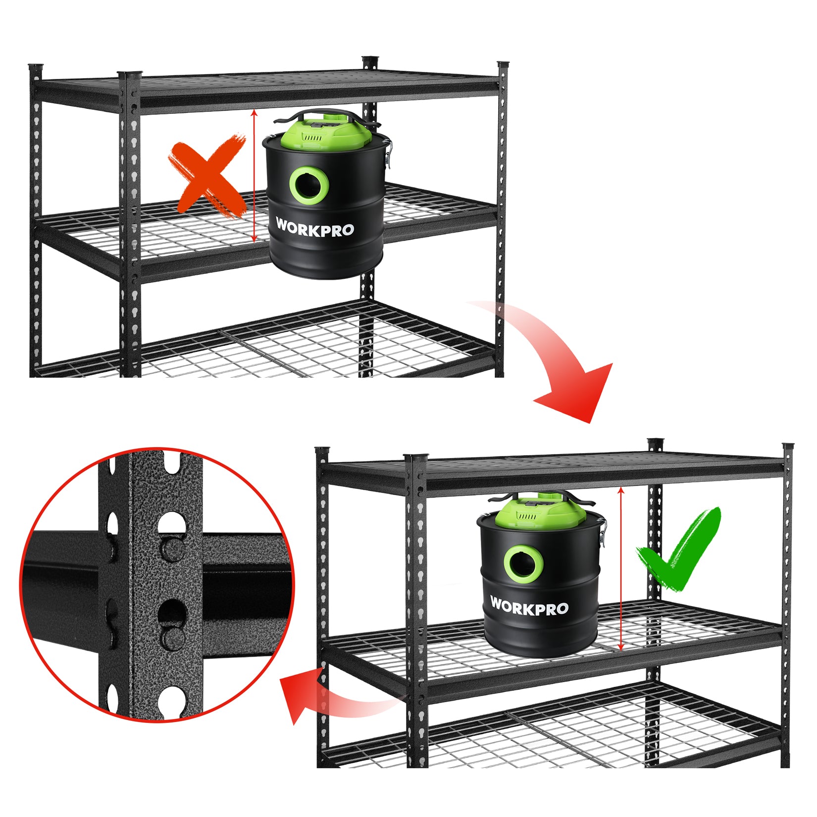 Black metal shelf rack with wire mesh shelves and WorkPro kettle on upper shelf