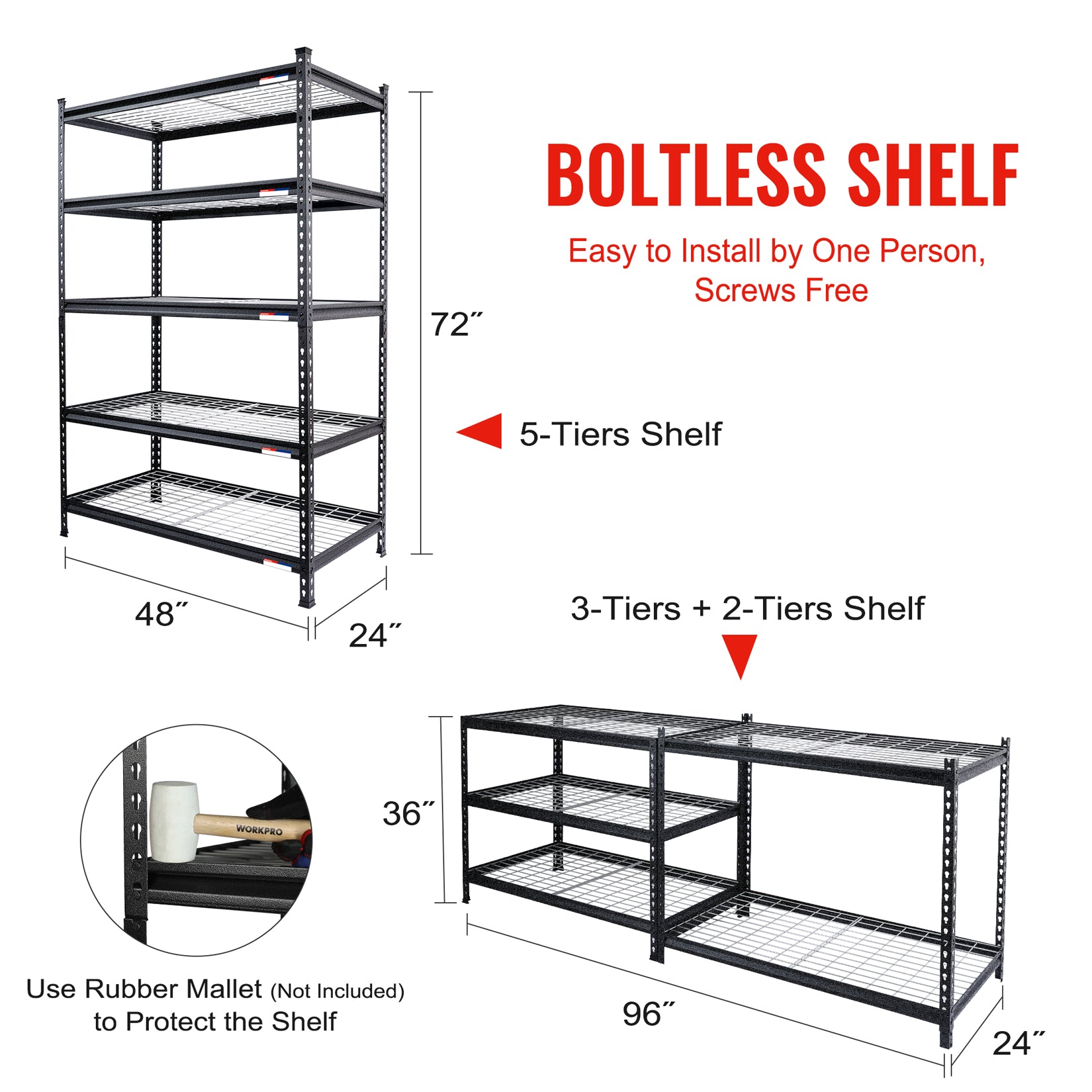 5-tier metal storage shelving unit with black wire shelves and adjustable steel posts