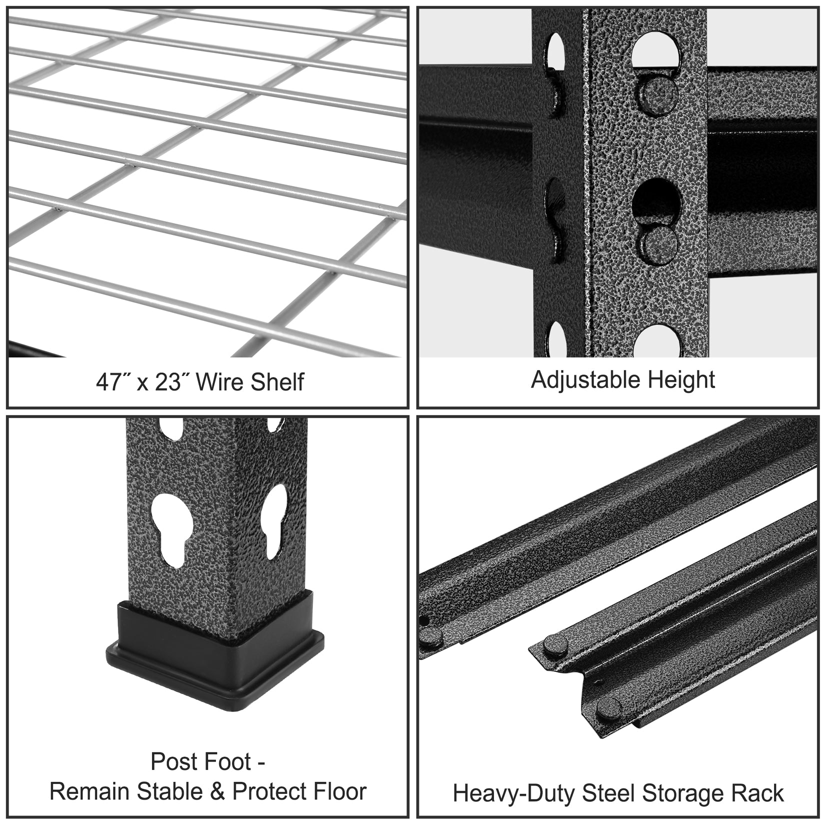 Adjustable height black metal storage rack post with perforated holes and wire shelf