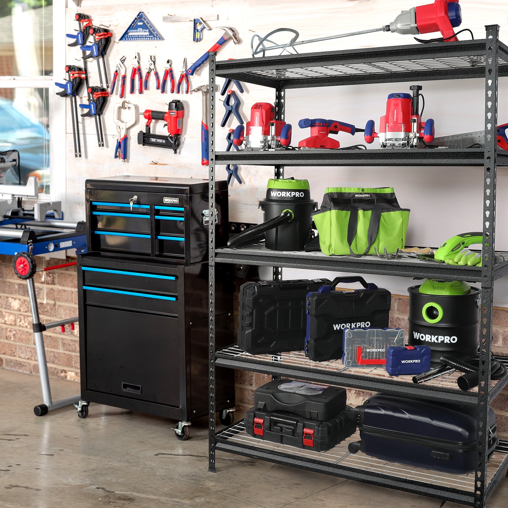 Black 5-tier steel storage rack with wire shelves holding tools and storage bins