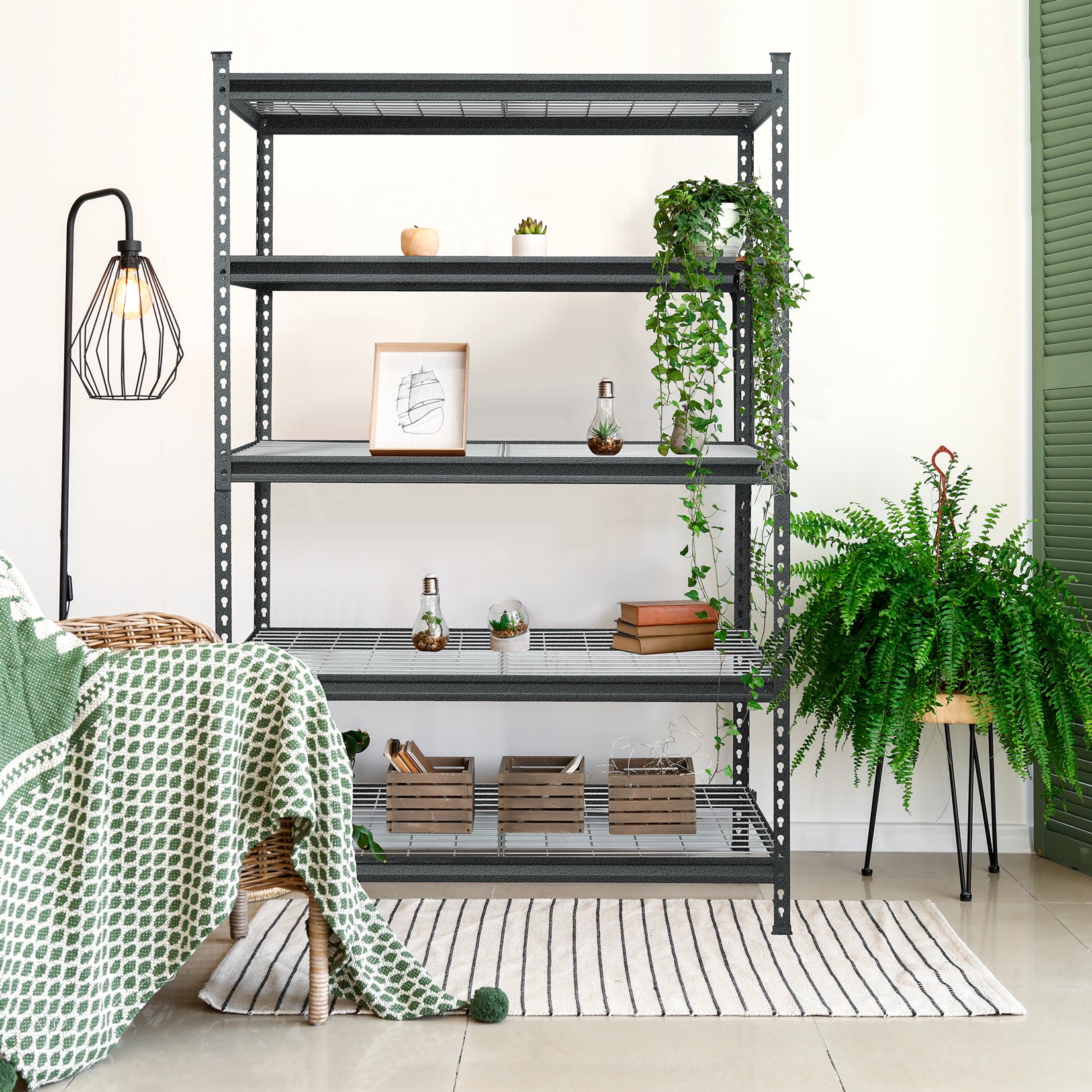 Black metal shelving unit with wire shelves and potted plants in a home setting