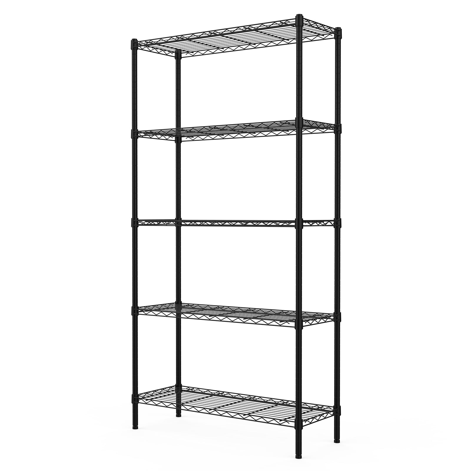 Black 5-tier wire shelving rack with open lattice shelves and steel legs