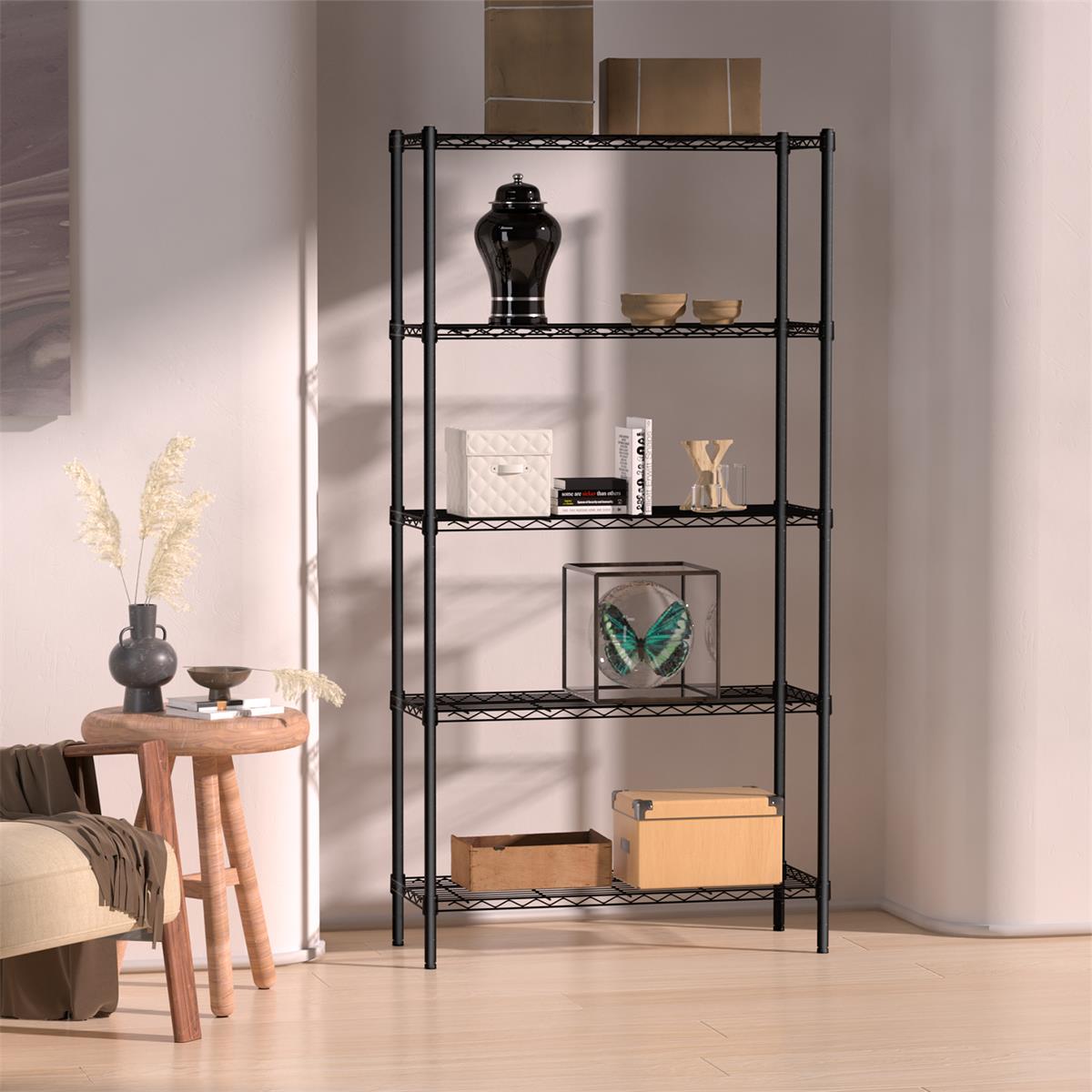Black 5-tier wire storage rack with open shelves for pantry or living room organization