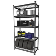 Black 5-tier metal storage shelving unit with wire shelves for cookware and bins