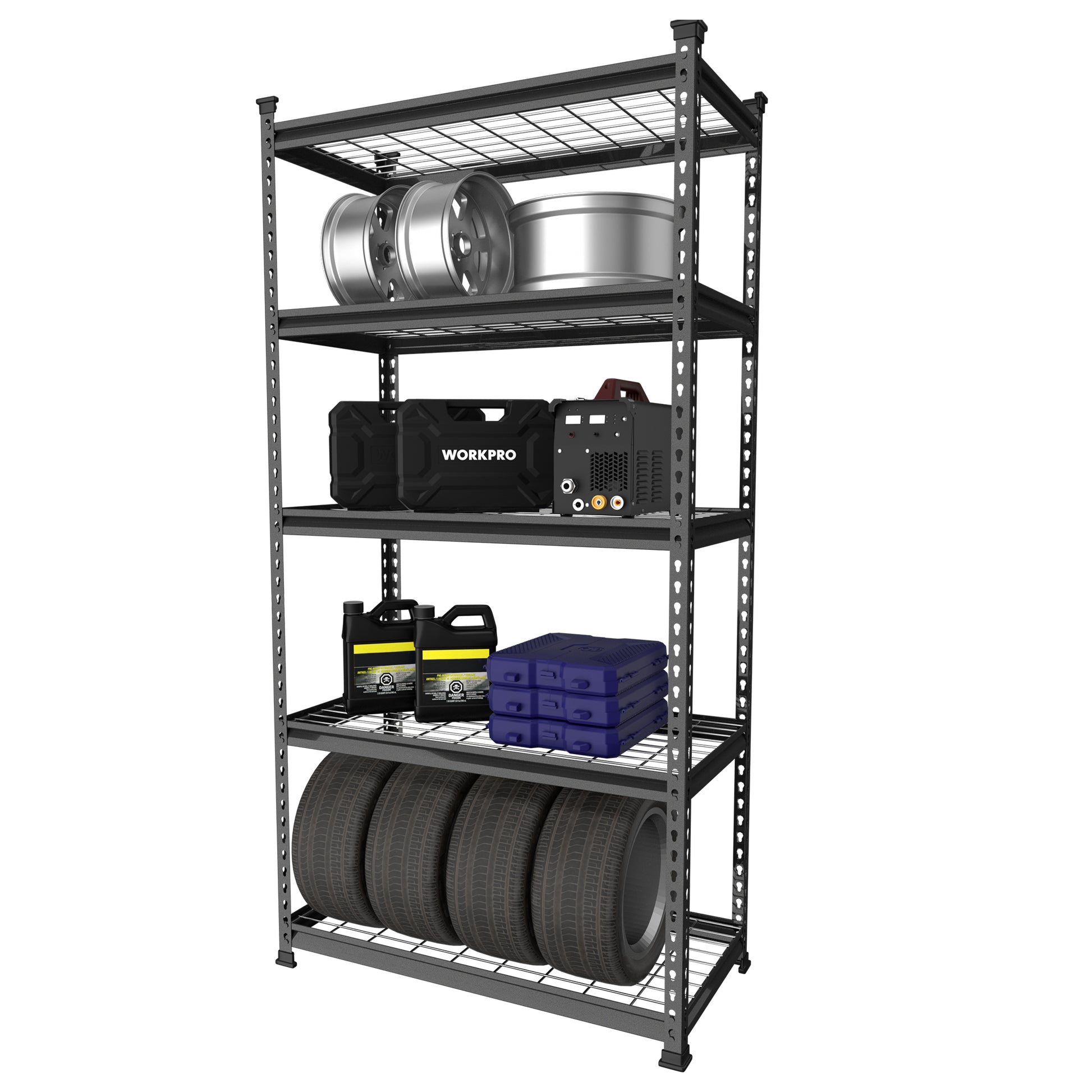 Black 5-tier metal storage shelving unit with wire shelves for cookware and bins