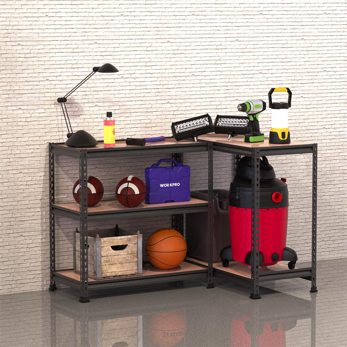 5-tier metal storage rack with particleboard shelves for tools, hoses, and accessories