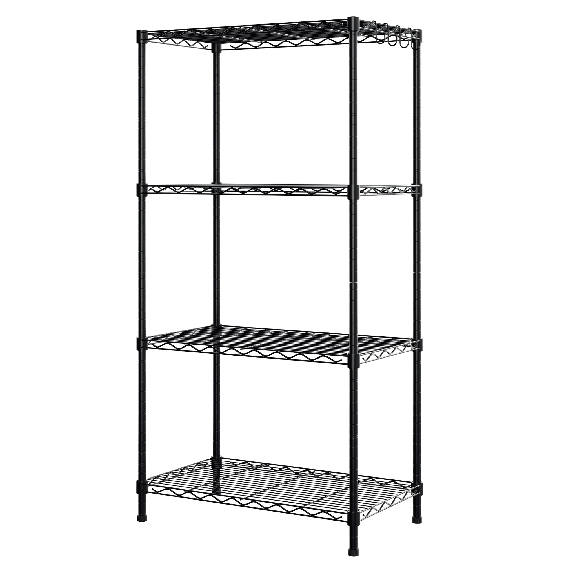 Freestanding 4-tier black metal storage shelf, angled view of wire mesh tiers