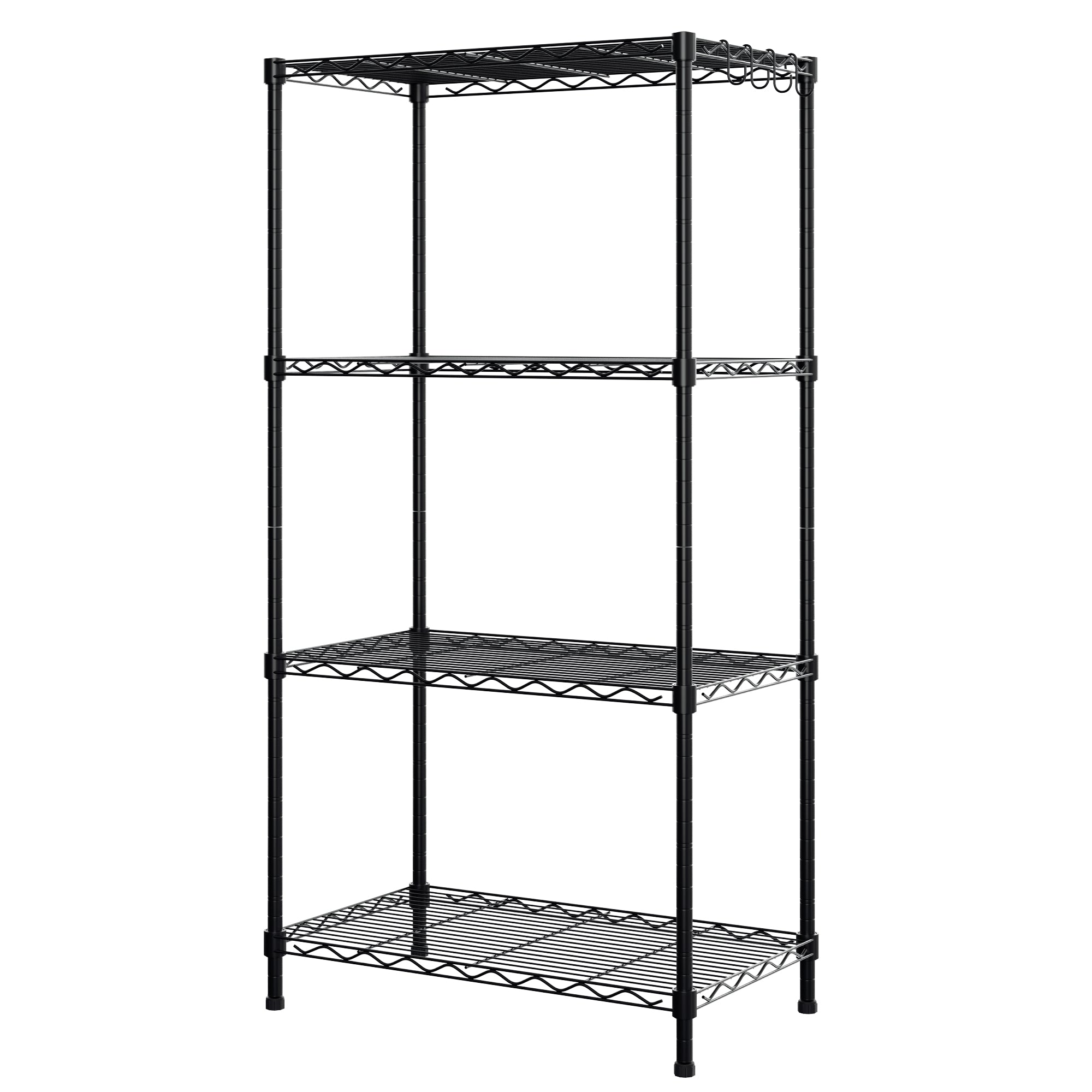 Freestanding 4-tier black metal storage shelf, angled view of wire mesh tiers